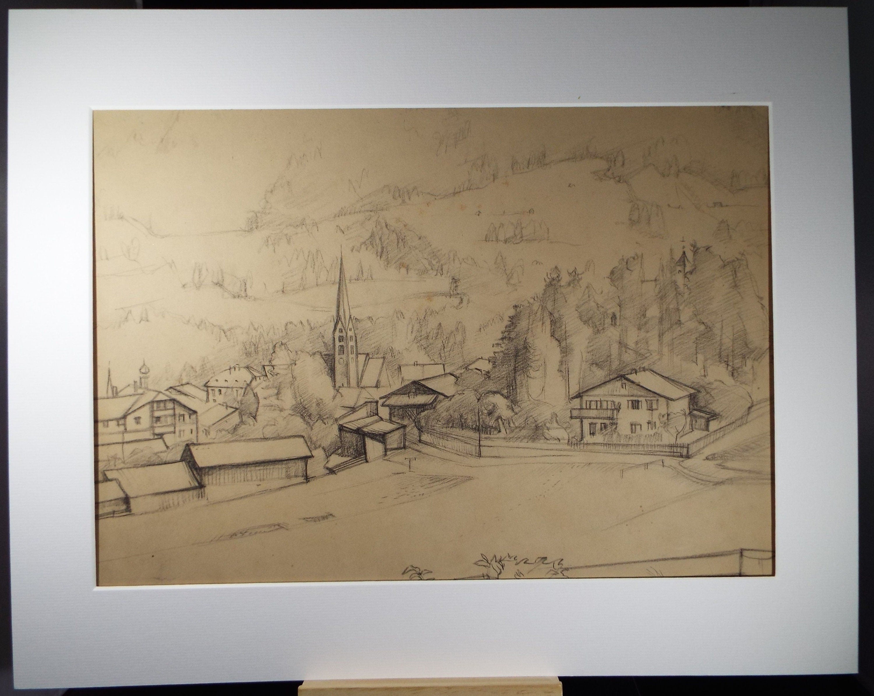 Original Pencil Drawing, 'Mieders Austria', circa 1950's, Douglas Pittuck (1911-1993)