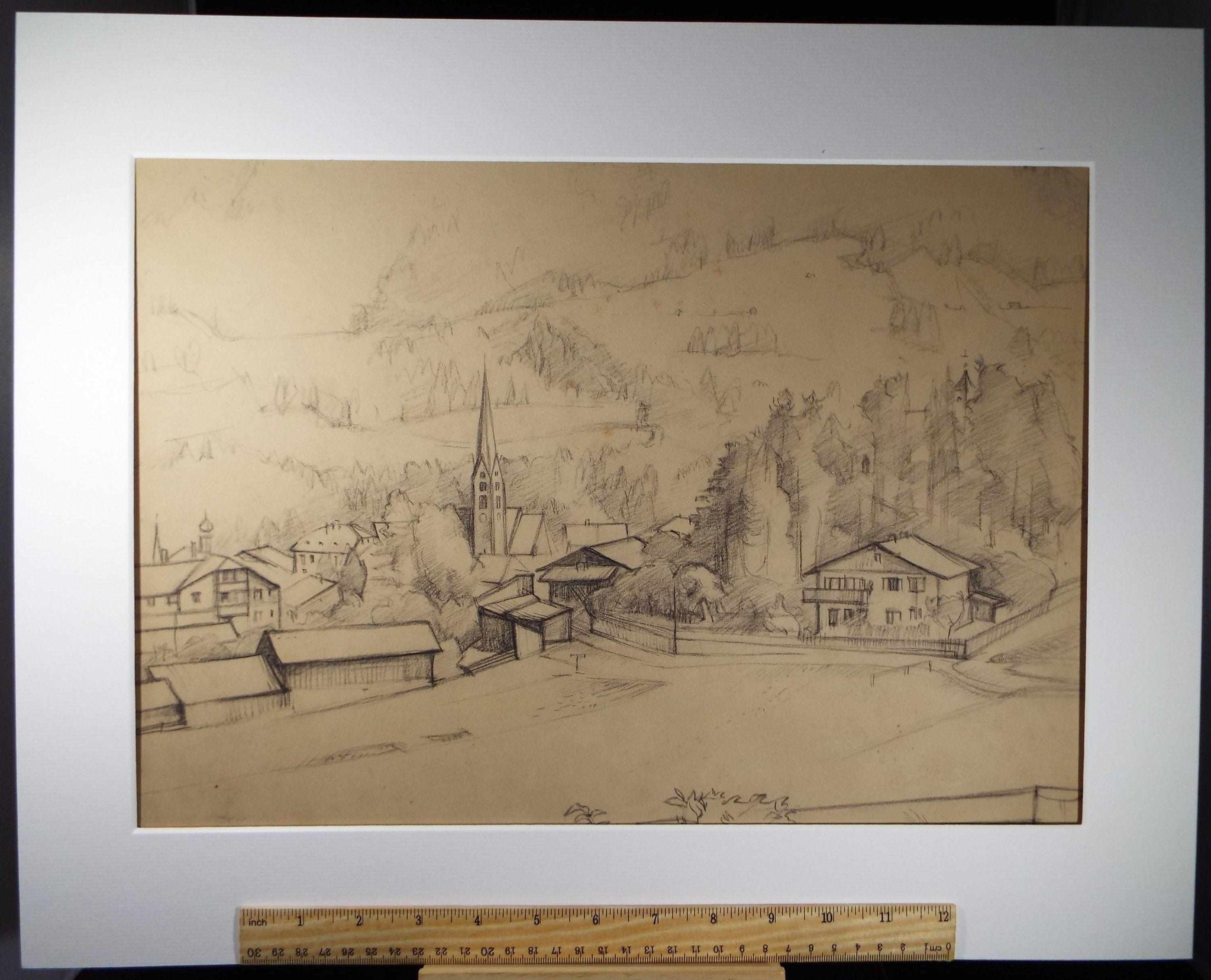 Original Pencil Drawing, 'Mieders Austria', circa 1950's, Douglas Pittuck (1911-1993)