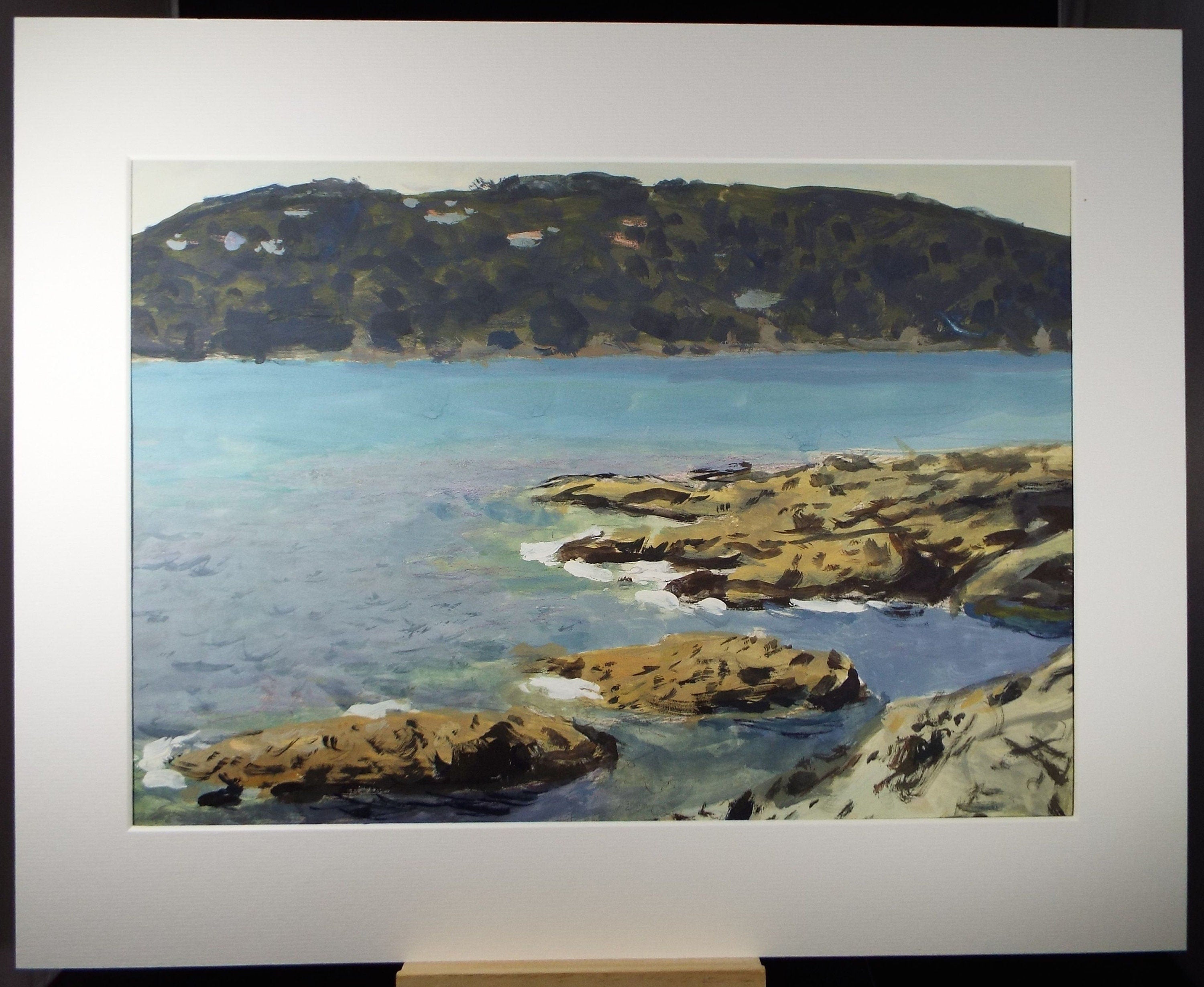 Original Gouache on paper, 'Island and Rocky Shore', Unknown Artist, circa 1960's - Marine Landscape