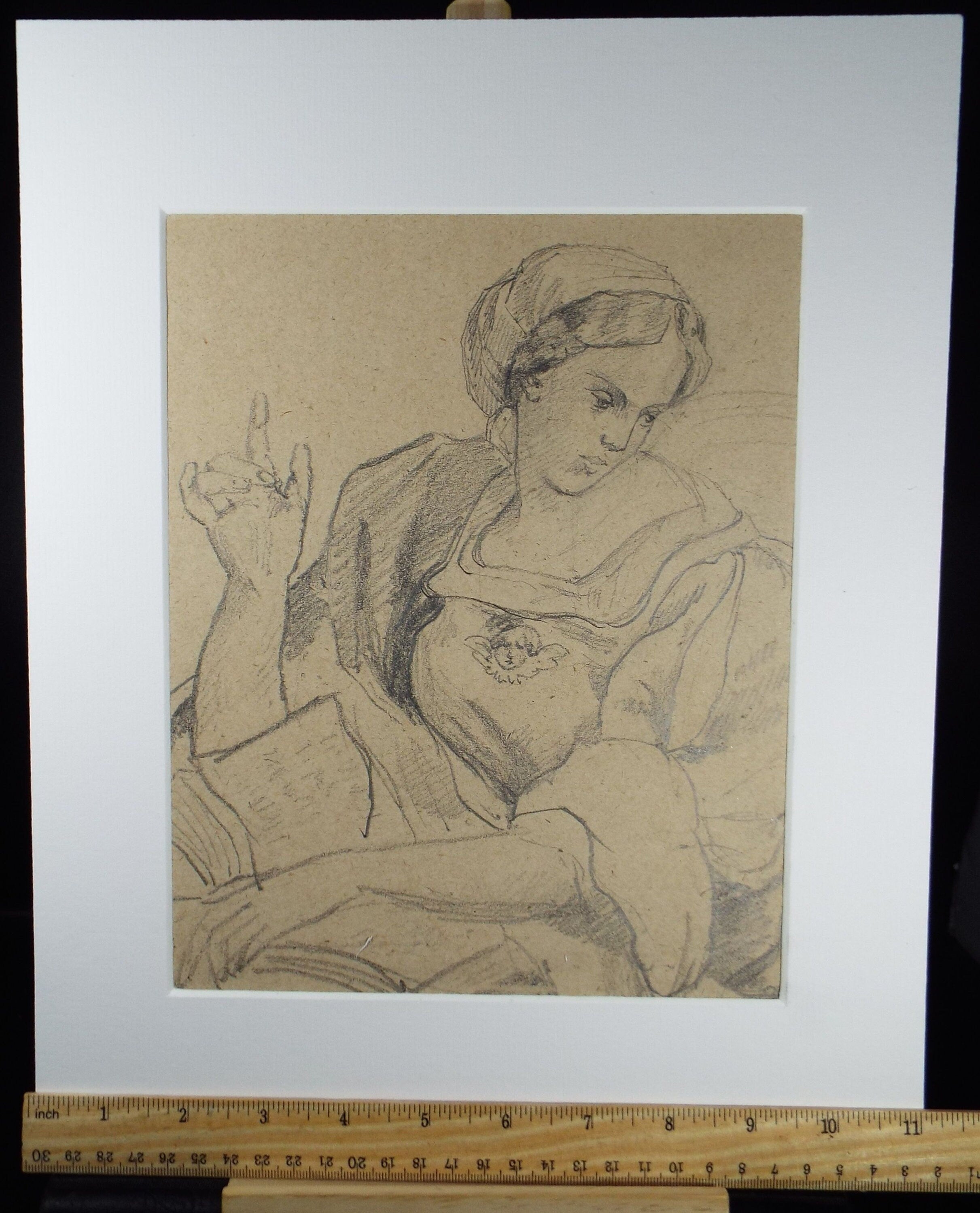 Original Pencil Drawing,  'Female Figure with raised arm', Circa 1883, Artist Unknown