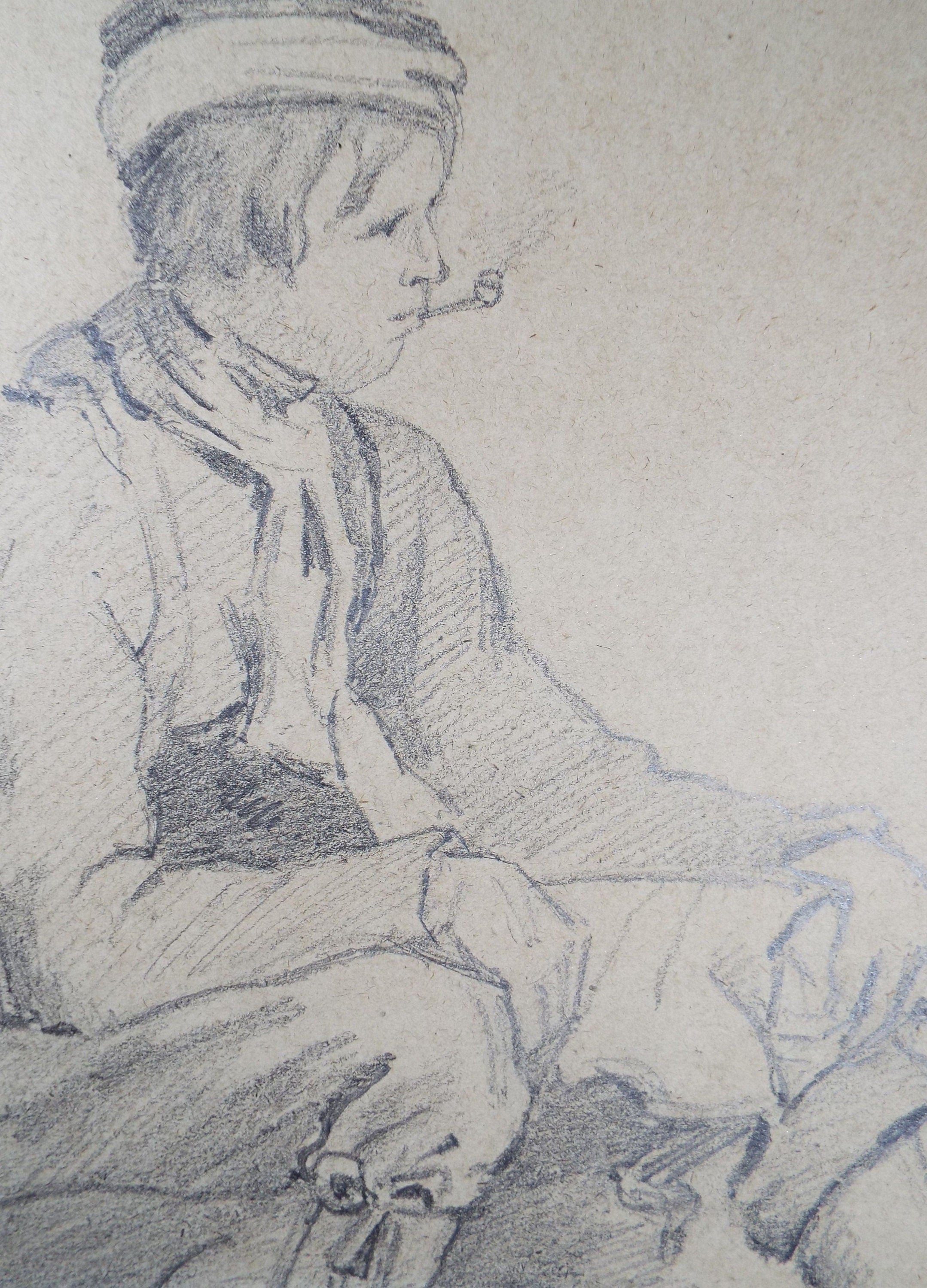 Original Pencil Drawing,  'Boy smoking a pipe', Circa 1883, Artist Unknown