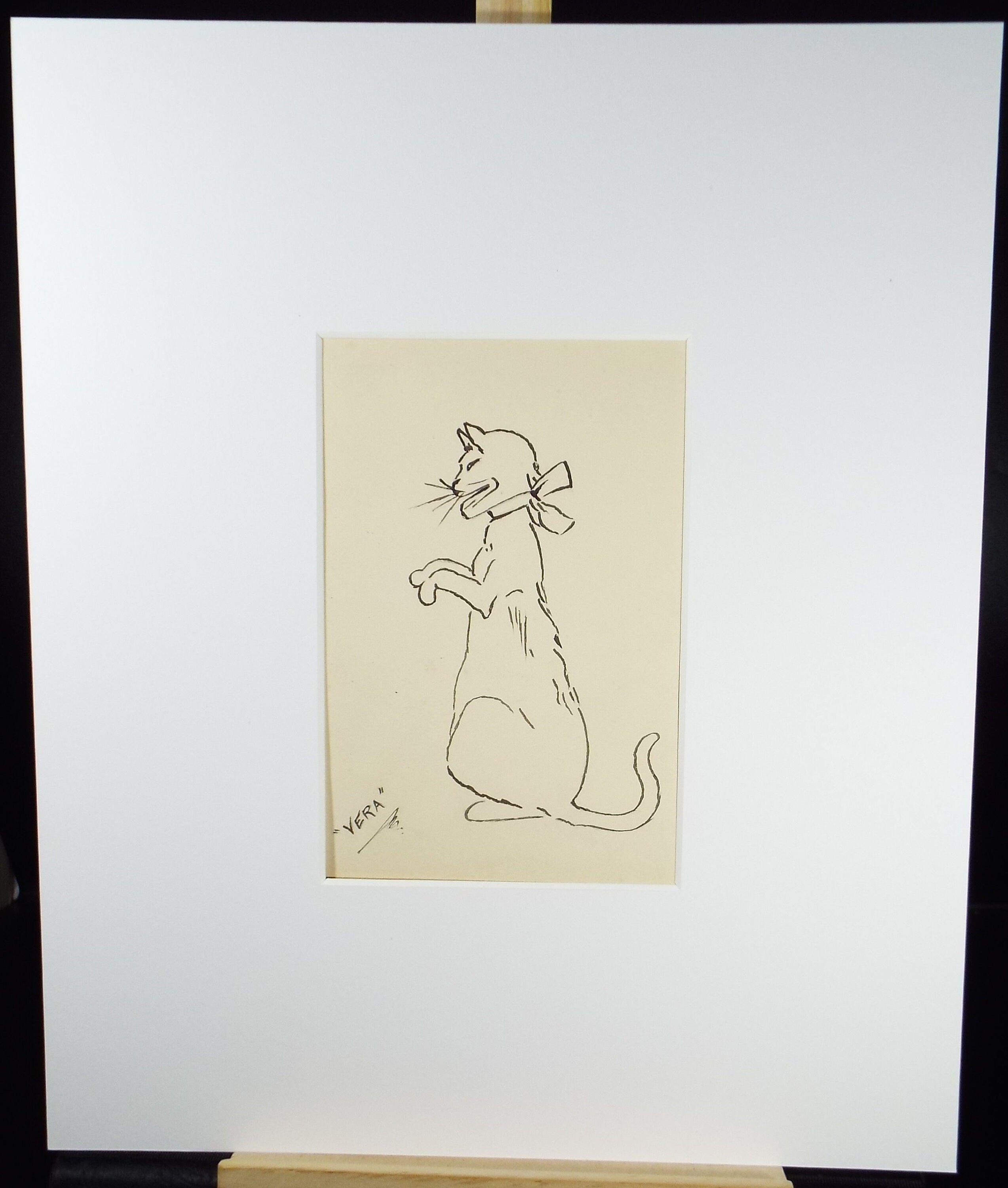 Original Pen & Ink Drawing , 'Vera - Naive portrait of a Cat', Circa 1910, Artist Unknown