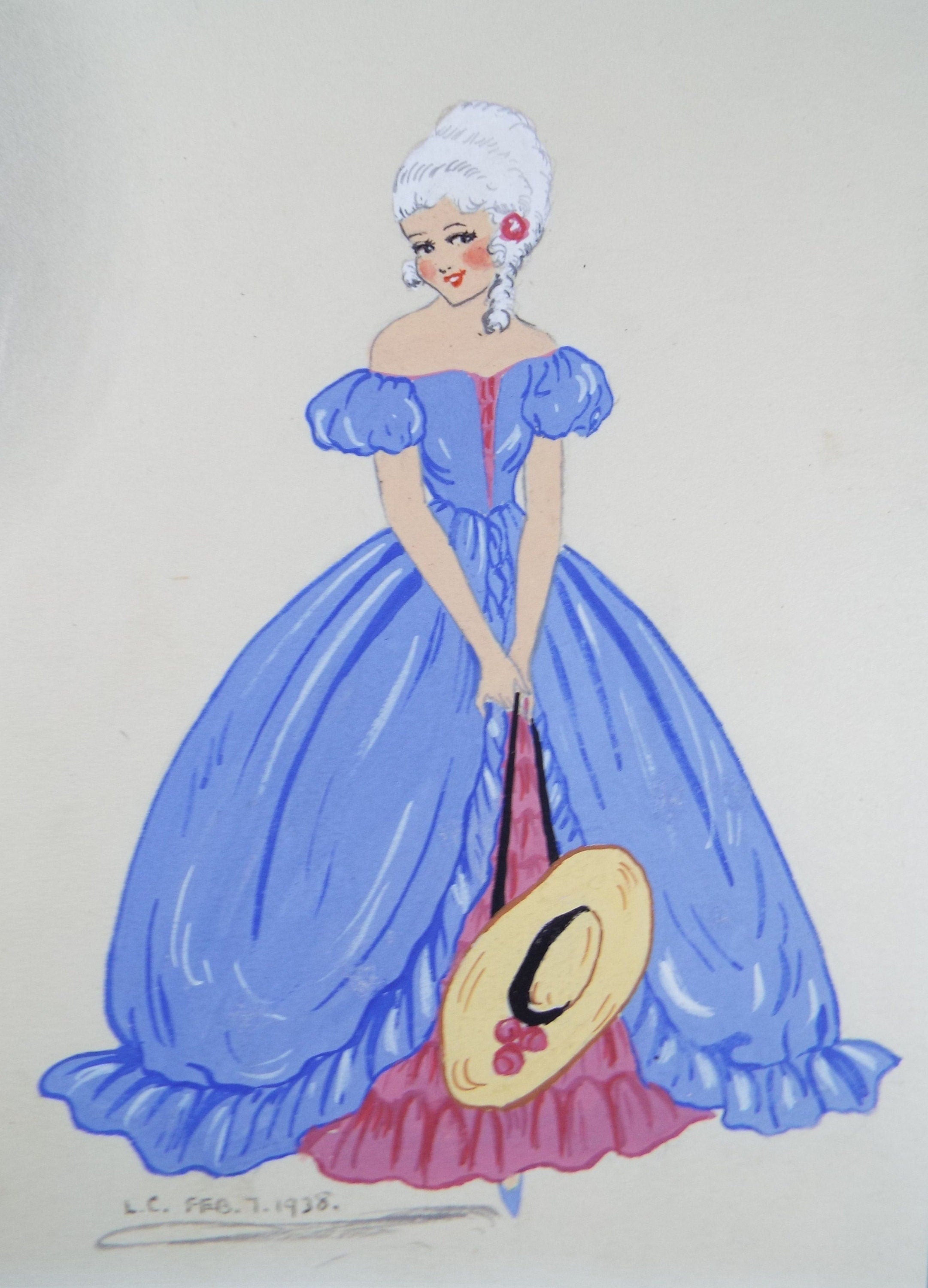 Original watercolour Drawing, 'Woman in a Ballgown', Dated 1939, Initialled L.C.