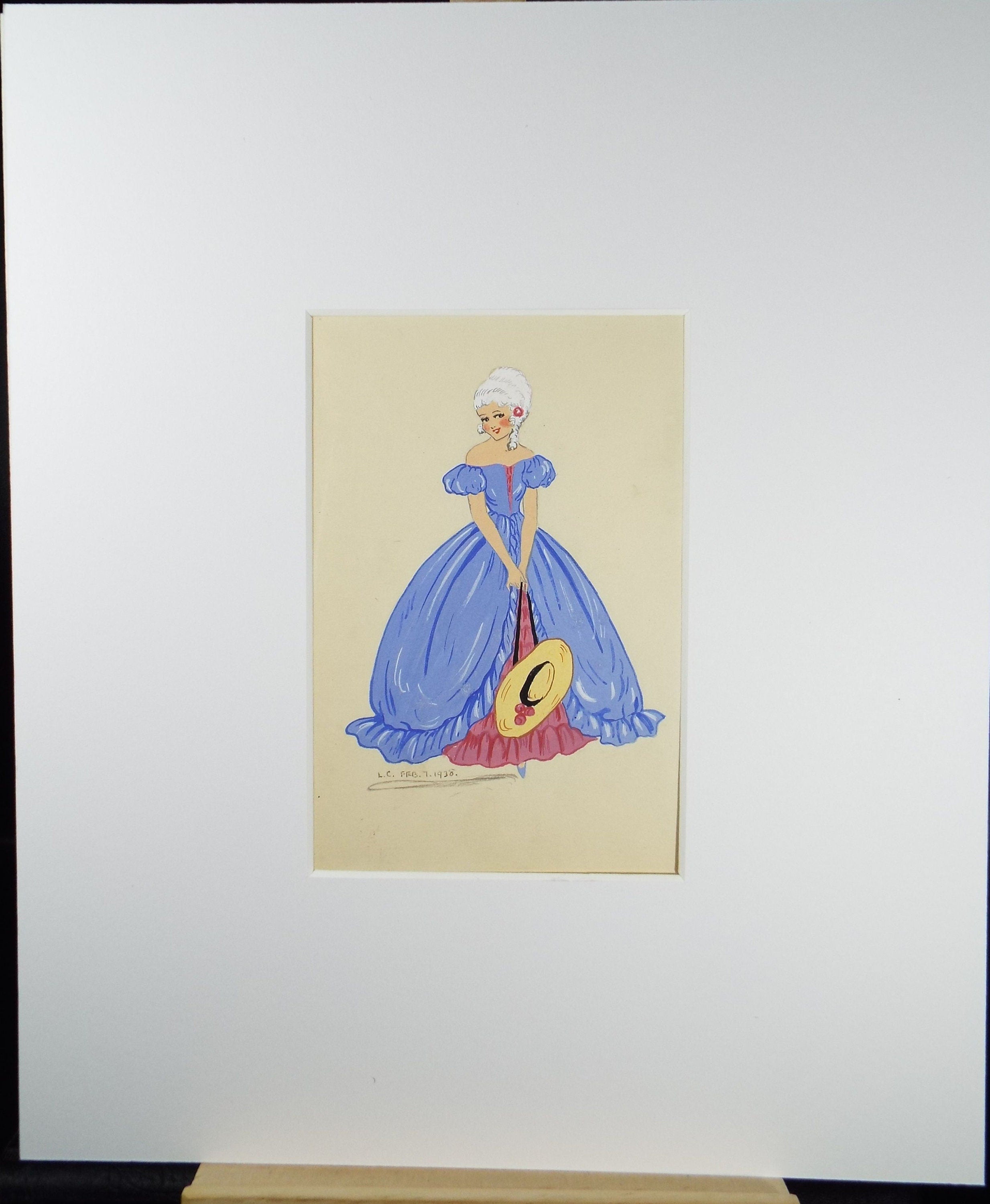 Original watercolour Drawing, 'Woman in a Ballgown', Dated 1939, Initialled L.C.