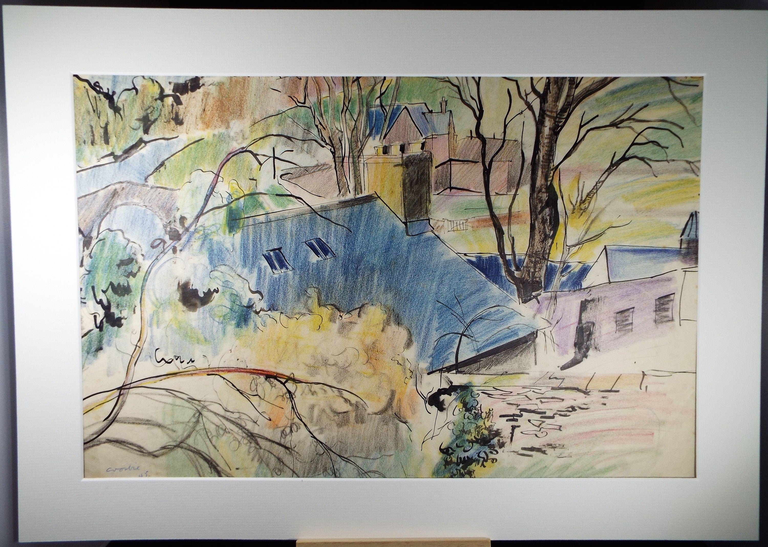 Original ink & pencil/pastel, 'Houses in a Landscape', William Crosbie RSA, RGI (1915-1999)