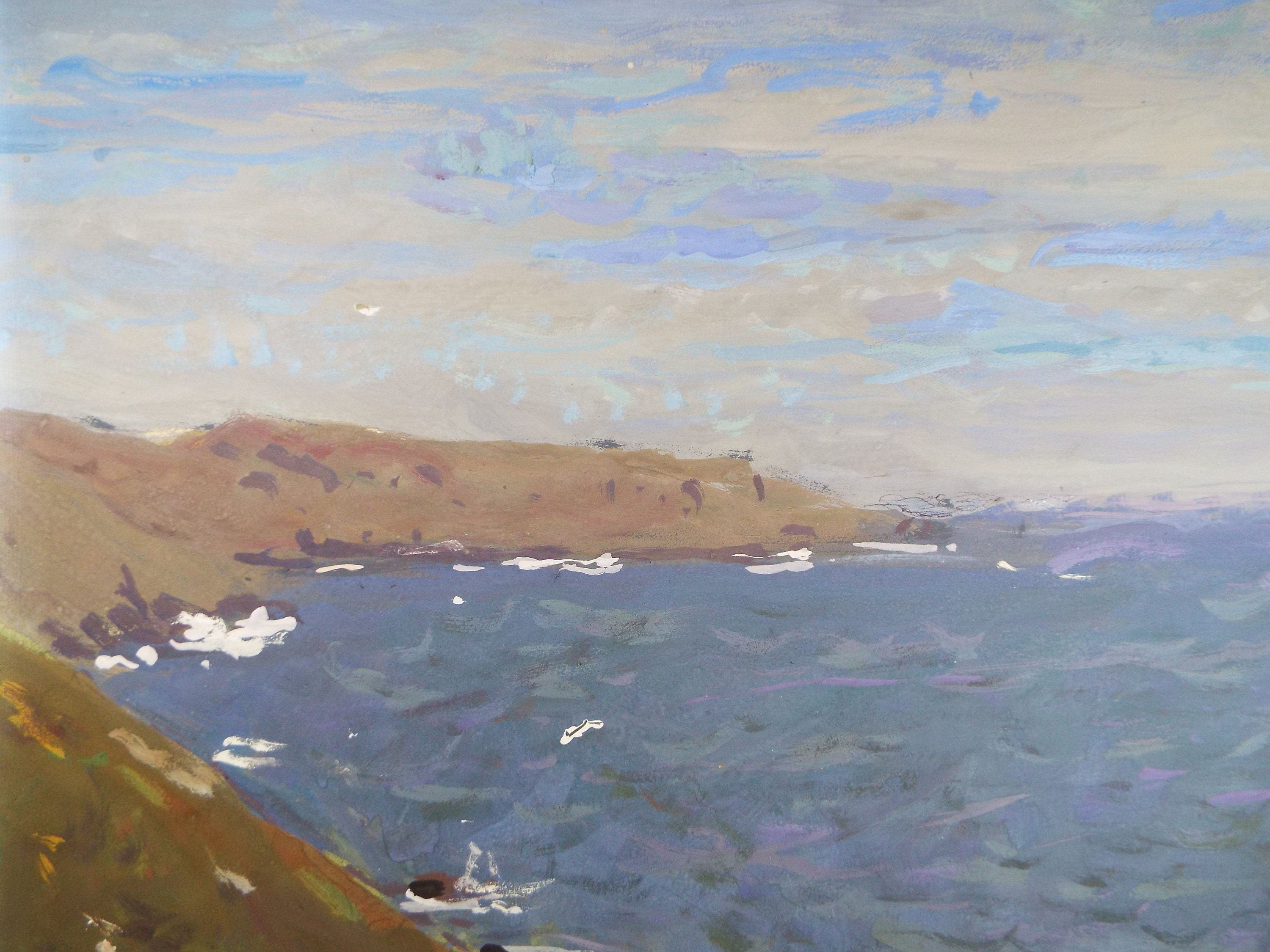 Original Gouache on paper, 'Headland with breaking waves', Unknown Artist, circa 1960's - Marine Landscape