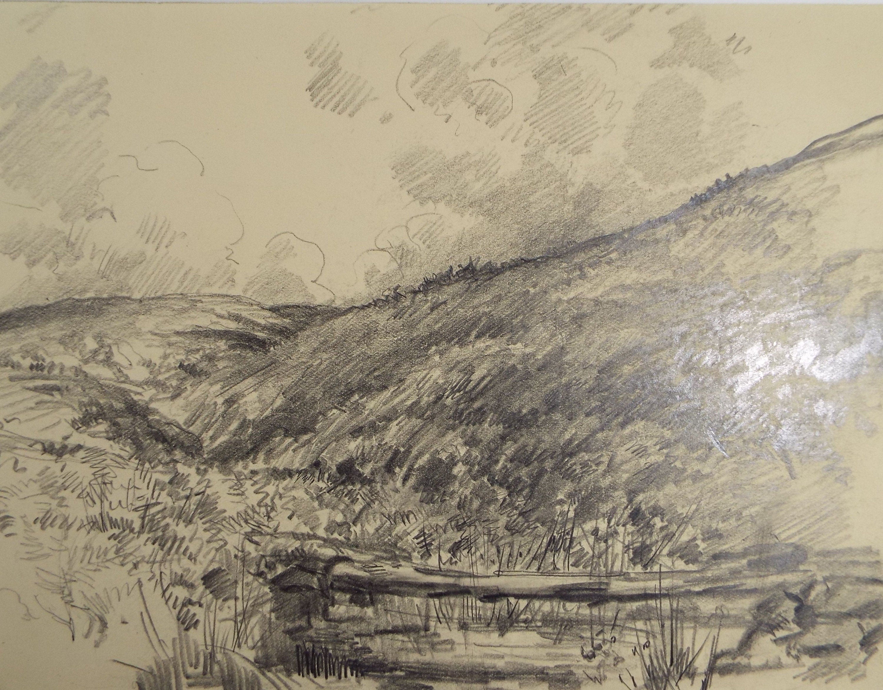 Original Pencil Drawing, 'Moorland Brook', Circa 1920's, Nan C. Livingstone (1876-1952)