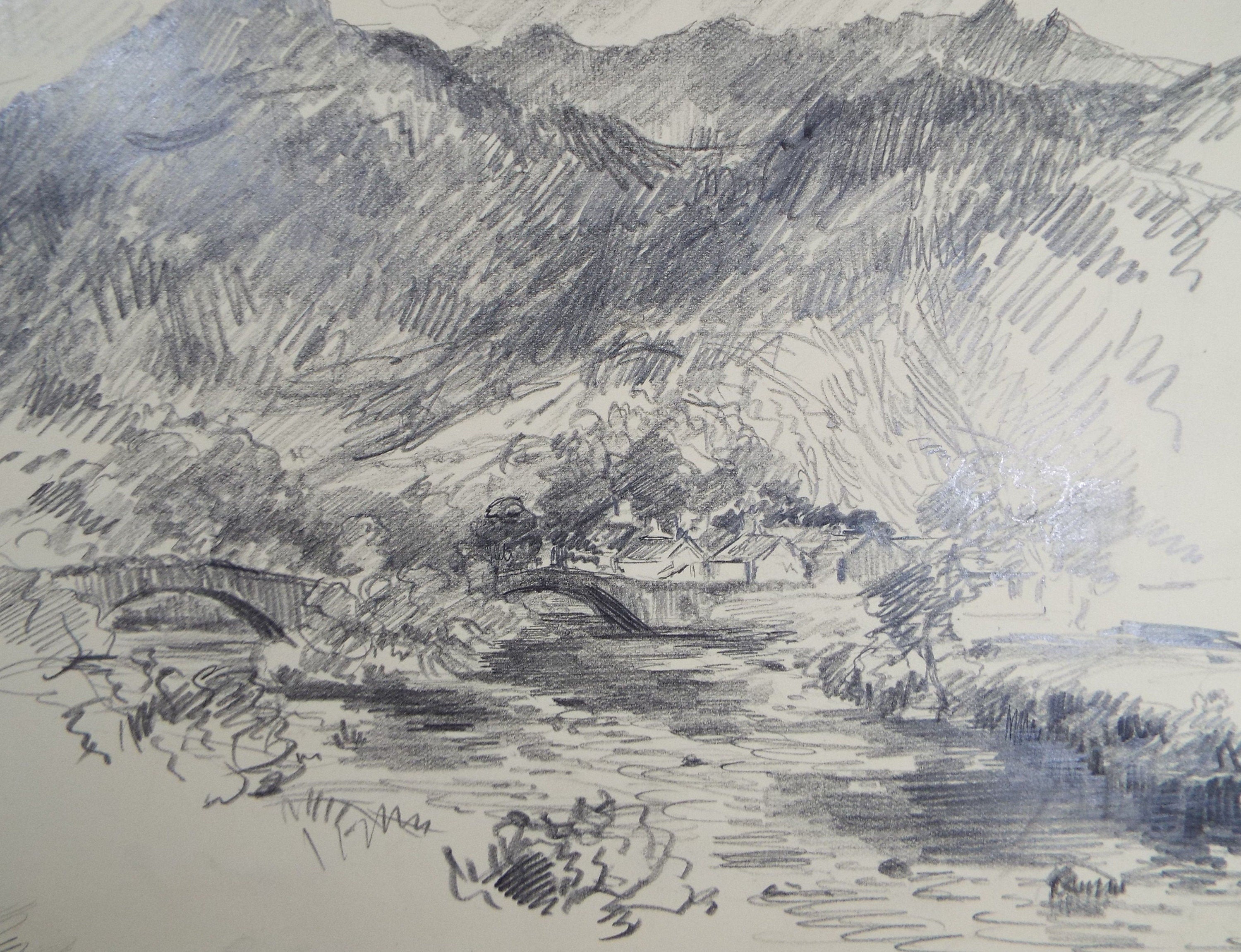 Original Pencil Drawing, 'Village in a Valley', Circa 1920's, Nan C. Livingstone (1876-1952)