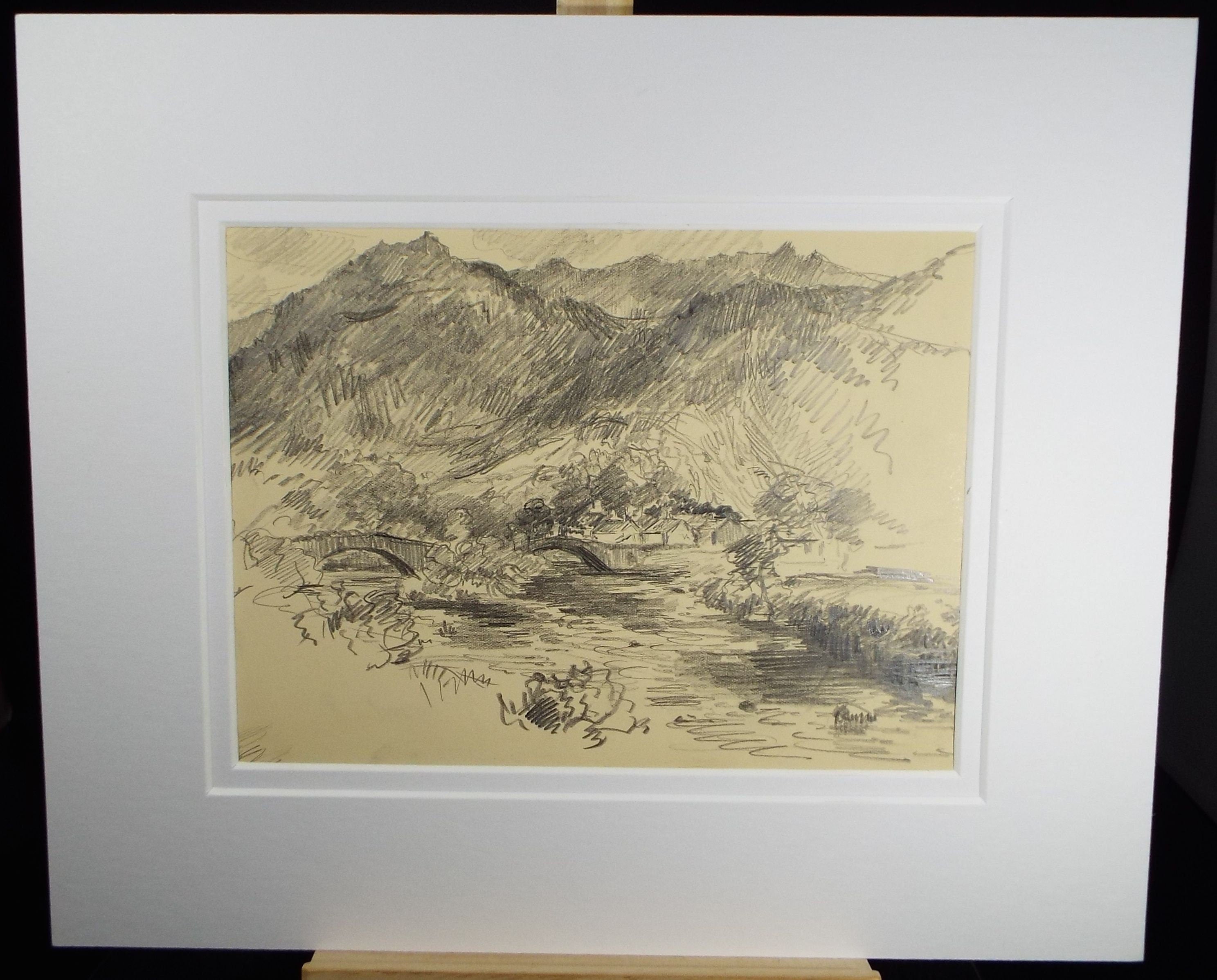 Original Pencil Drawing, 'Village in a Valley', Circa 1920's, Nan C. Livingstone (1876-1952)