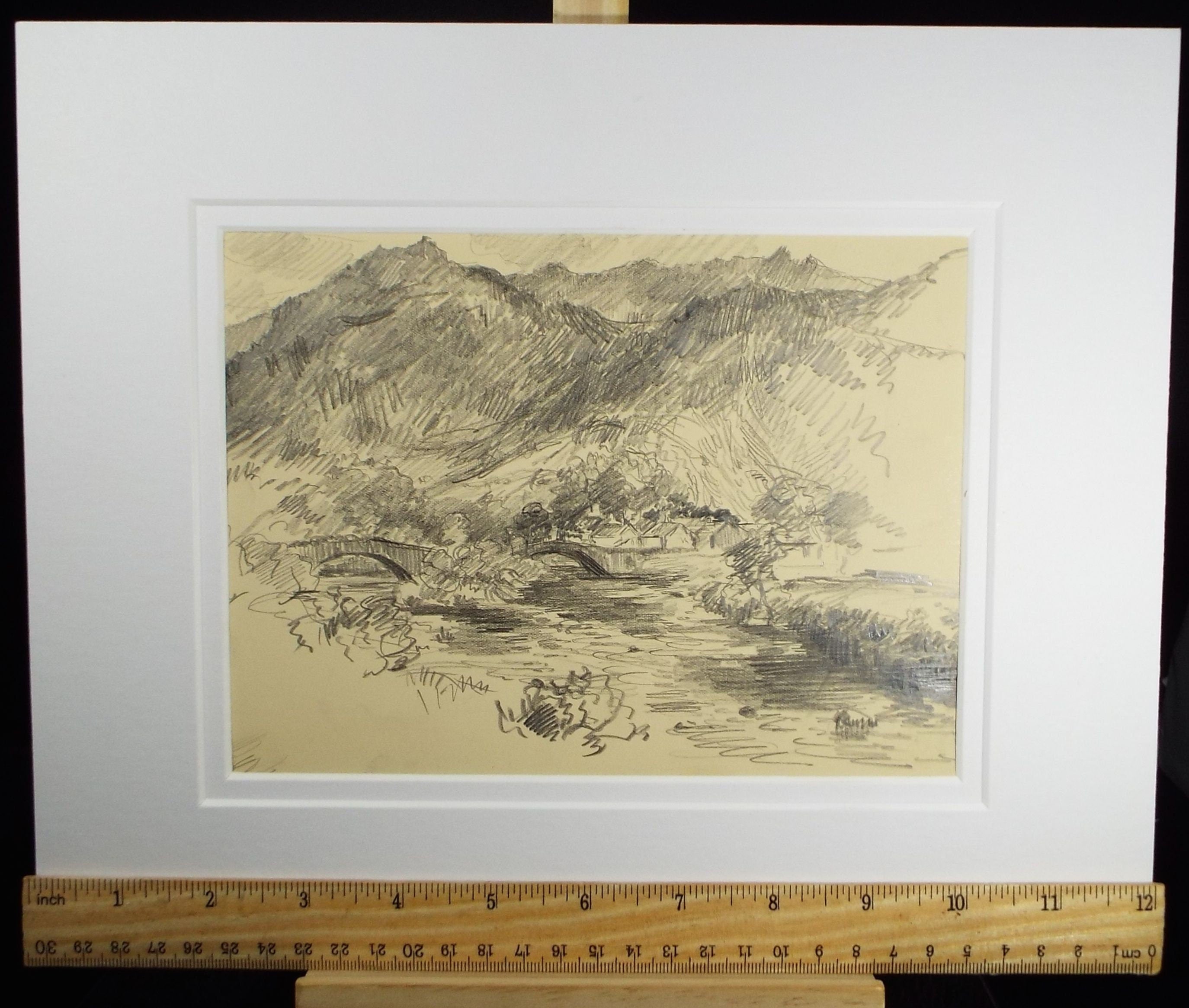 Original Pencil Drawing, 'Village in a Valley', Circa 1920's, Nan C. Livingstone (1876-1952)