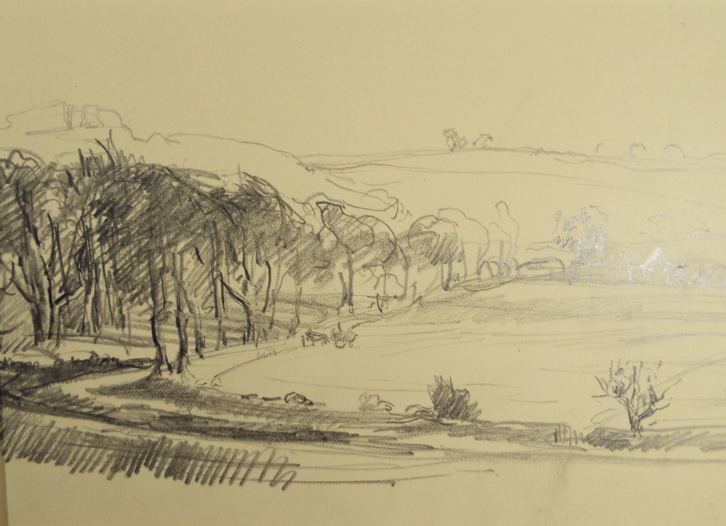 Original Pencil Drawing, 'Tree lined lane'', Circa 1920's, Nan C. Livingstone (1876-1952)