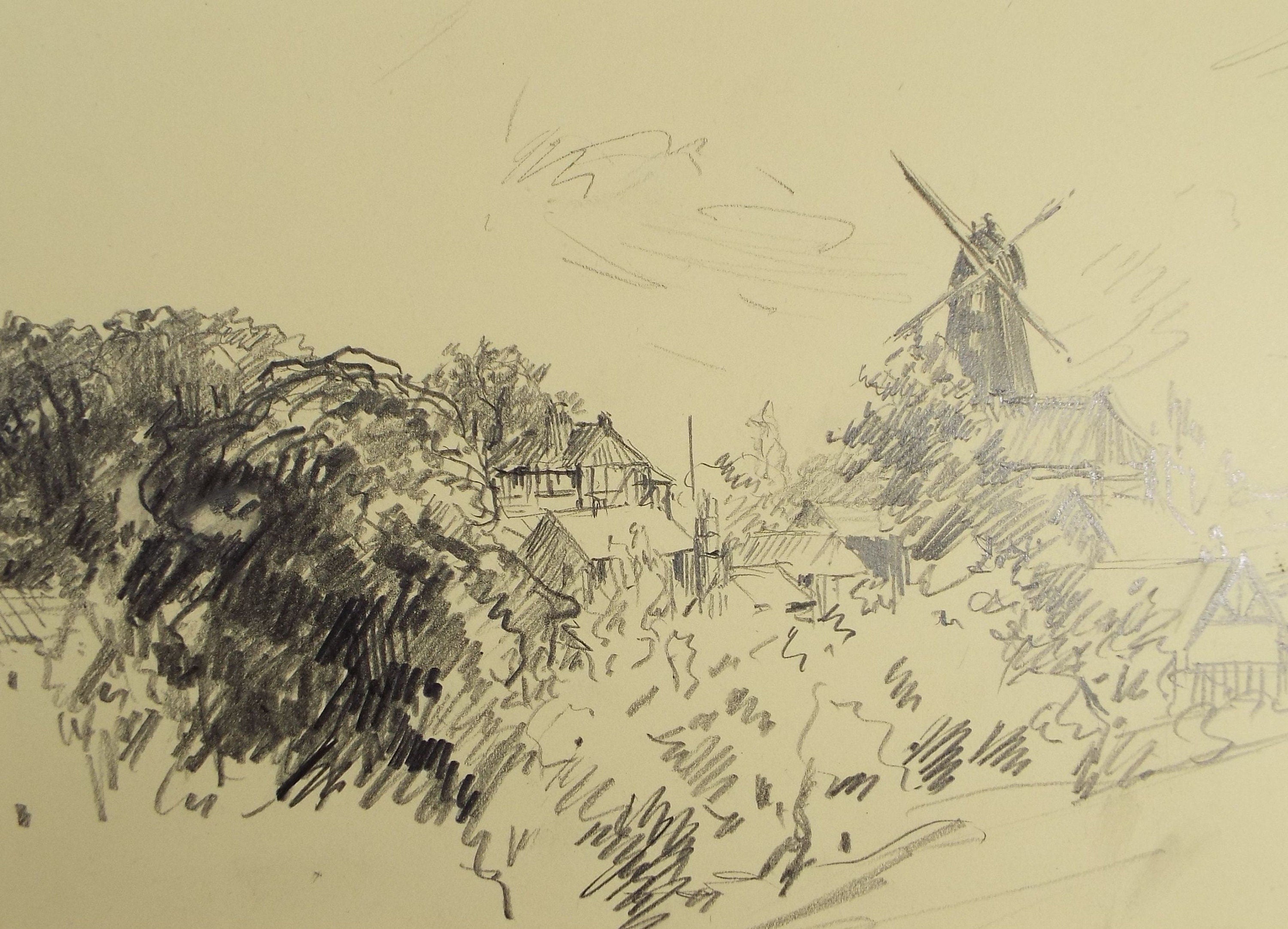 Original Pencil Drawing, 'The Windmill', Circa 1920's, Nan C. Livingstone (1876-1952)