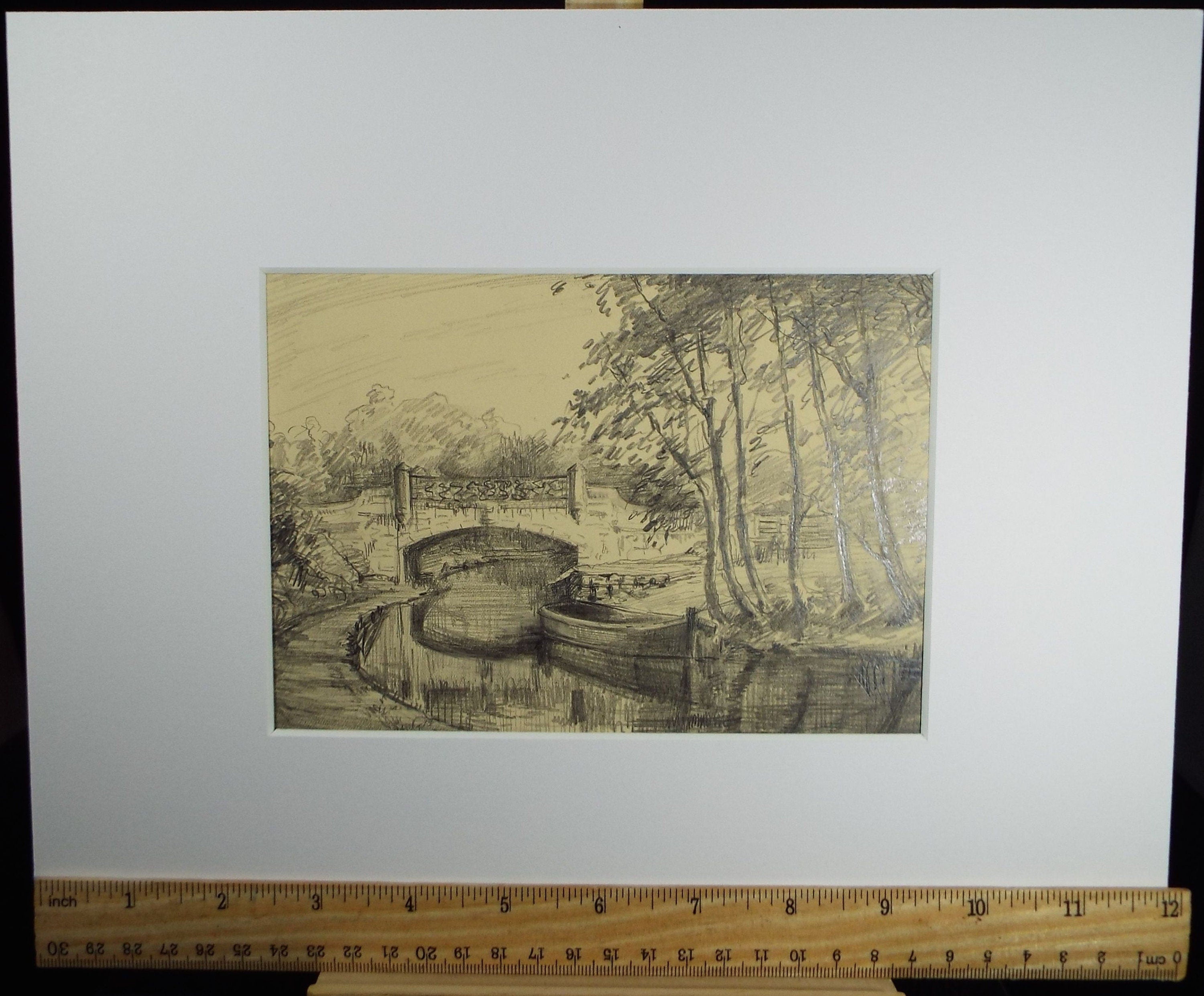 Original Pencil Drawing, 'Bridge over the Canal', Circa 1920's, Nan C. Livingstone (1876-1952)