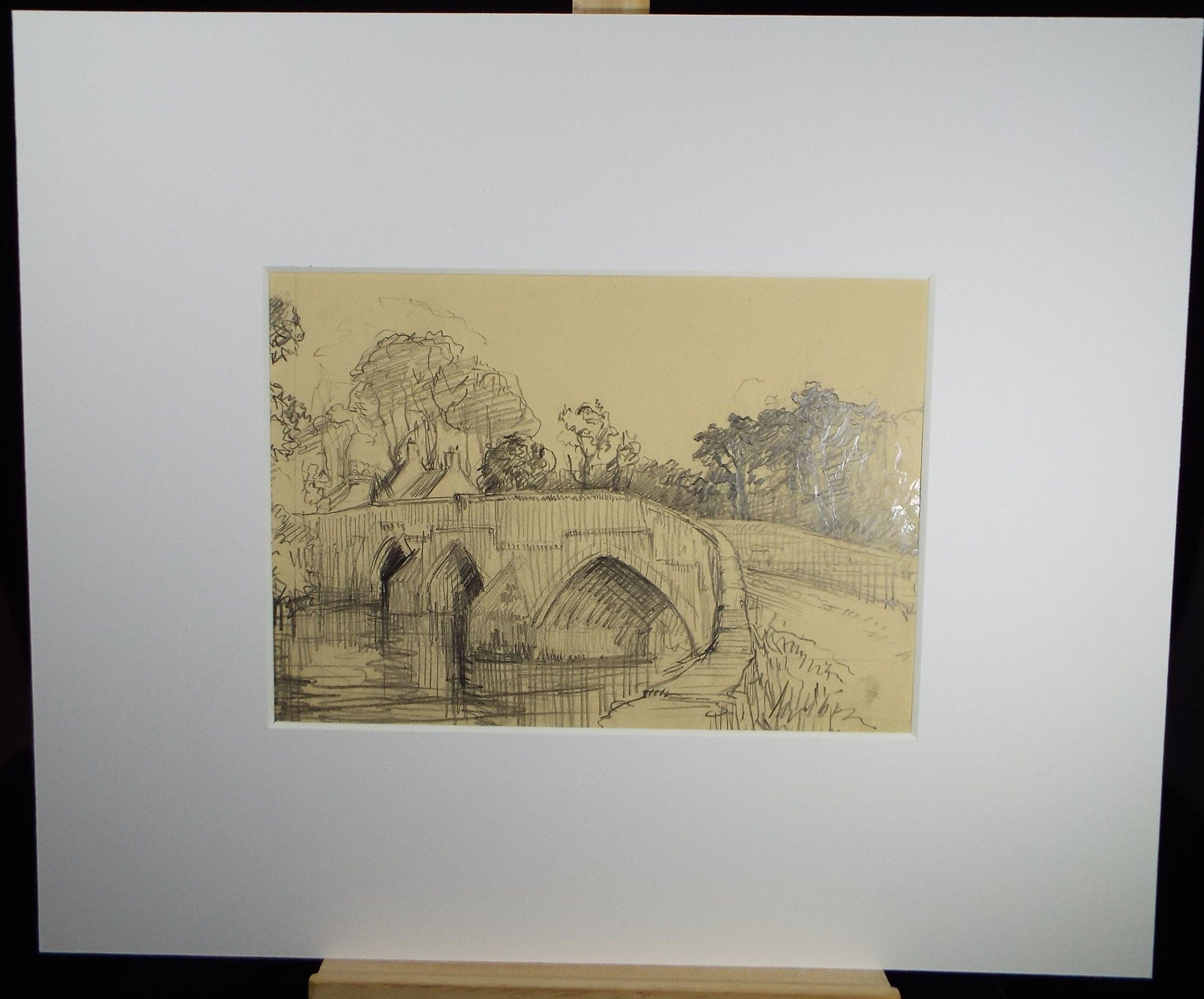 Original Pencil Drawing, 'Bridge over the River', Circa 1920's, Nan C. Livingstone (1876-1952)