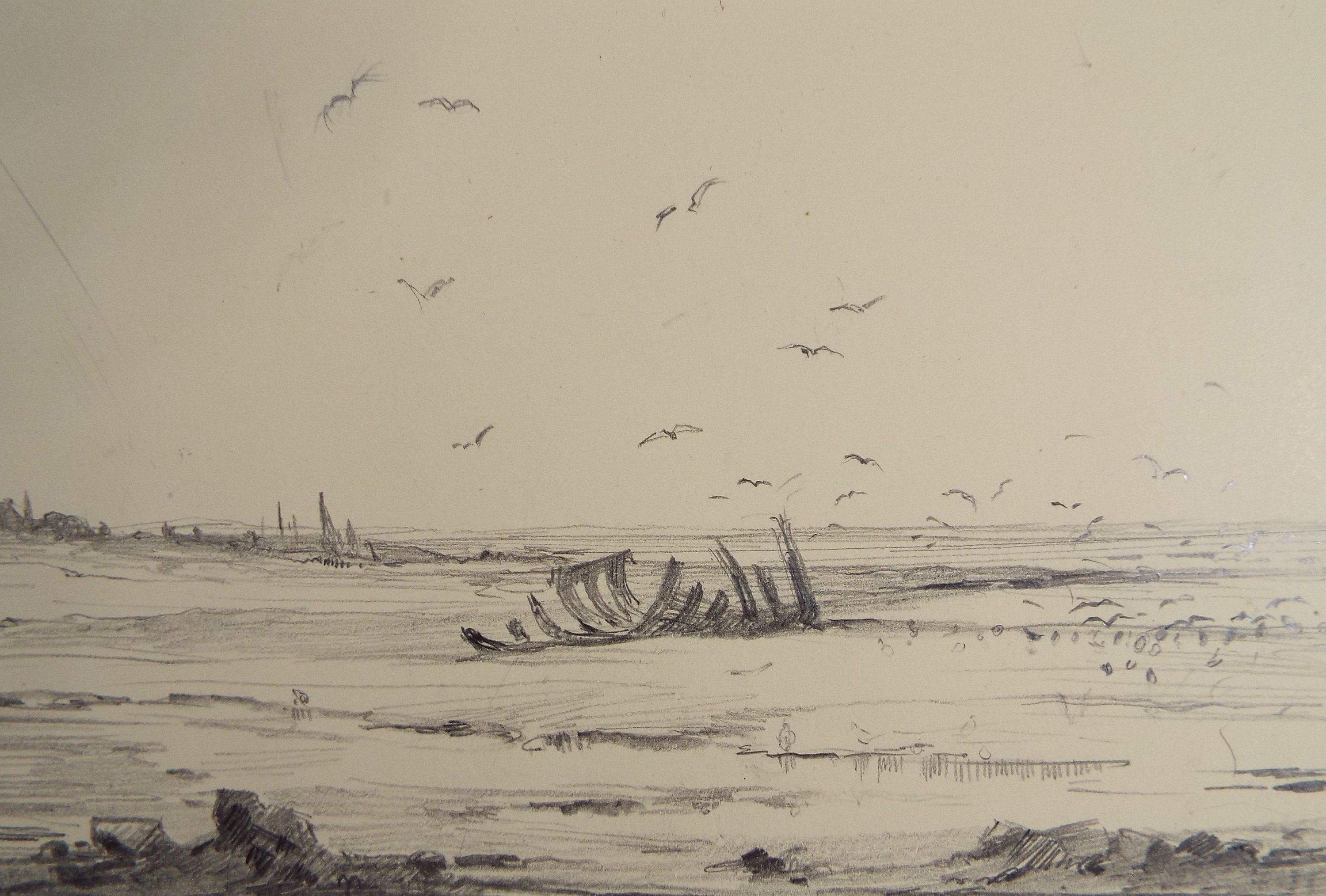 Original Pencil Drawing, 'Boat skeleton on the shore', Circa 1920's, Nan C. Livingstone (1876-1952)