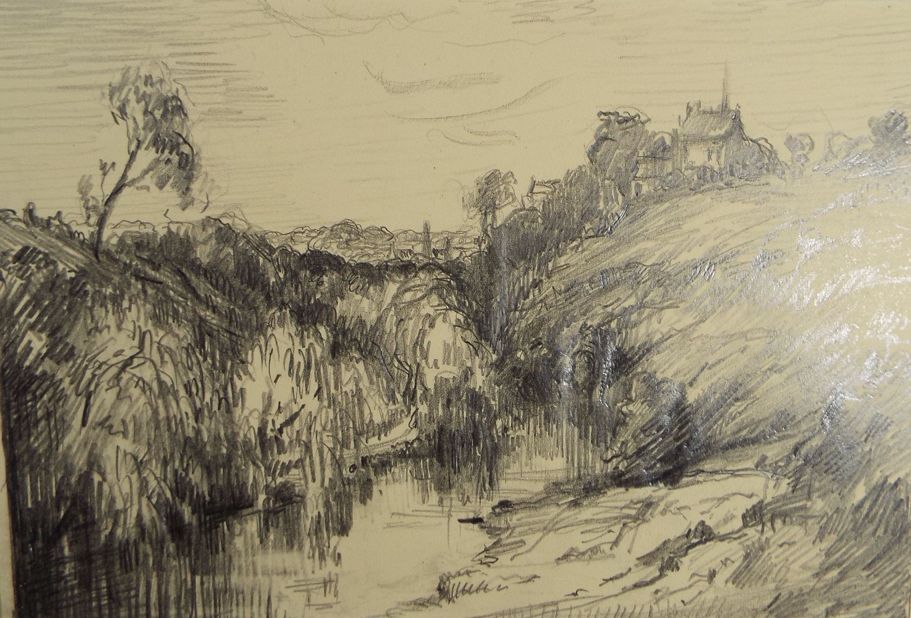 Original Pencil Drawing, 'Wooded Valley', Circa 1920's, Nan C. Livingstone (1876-1952)