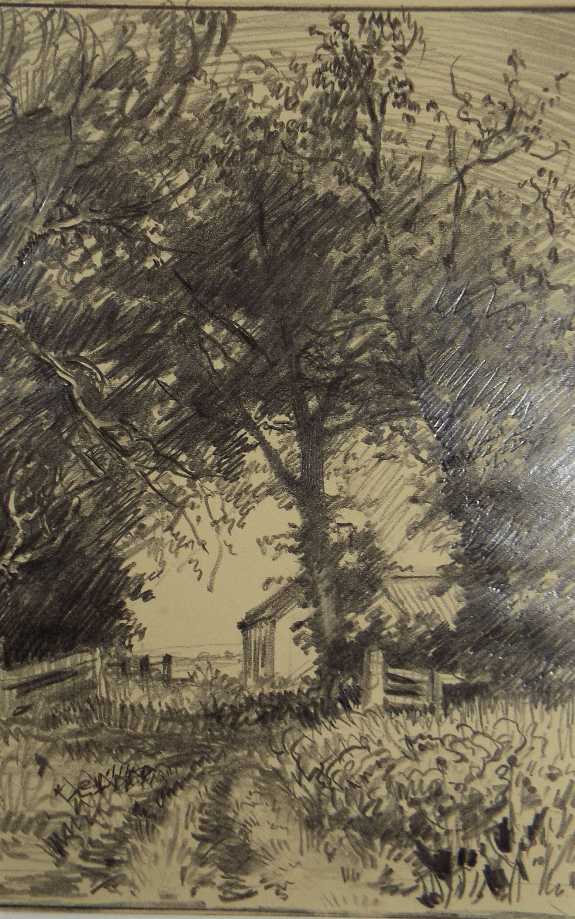 Original Pencil Drawing, 'Farmyard Track with Barn', Circa 1920's, Nan C. Livingstone (1876-1952)