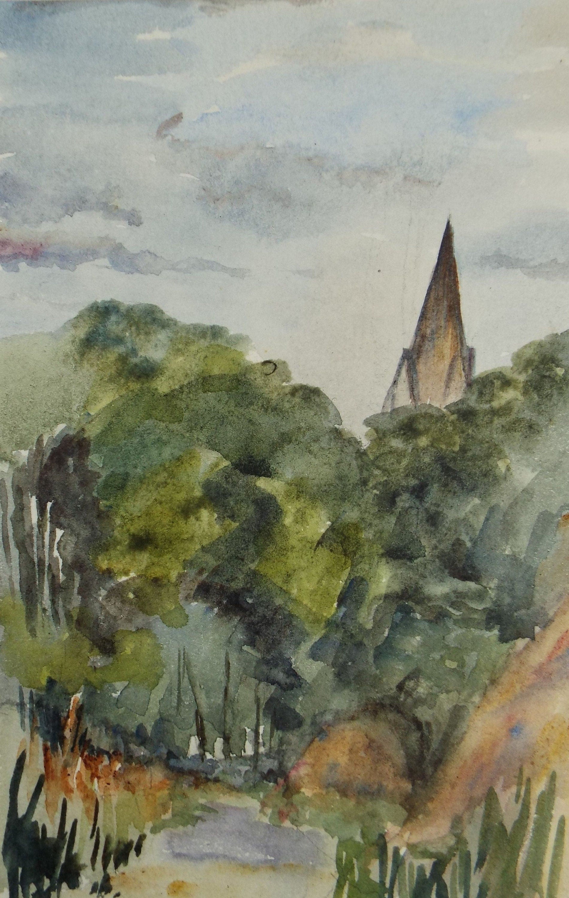 Original Watercolour on Paper, 'Trees with Church Tower', early 20th Century, Artist Unknown