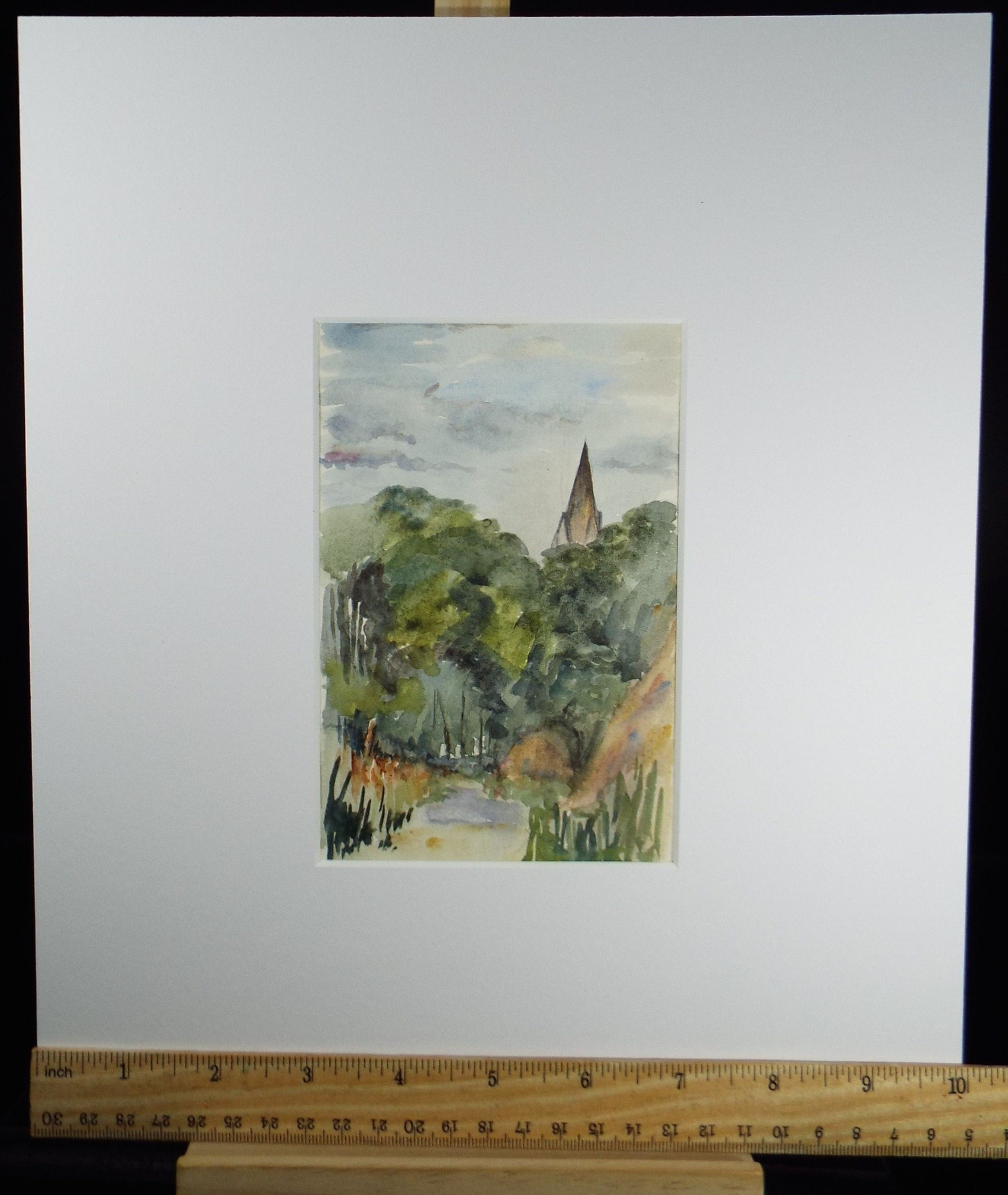 Original Watercolour on Paper, 'Trees with Church Tower', early 20th Century, Artist Unknown