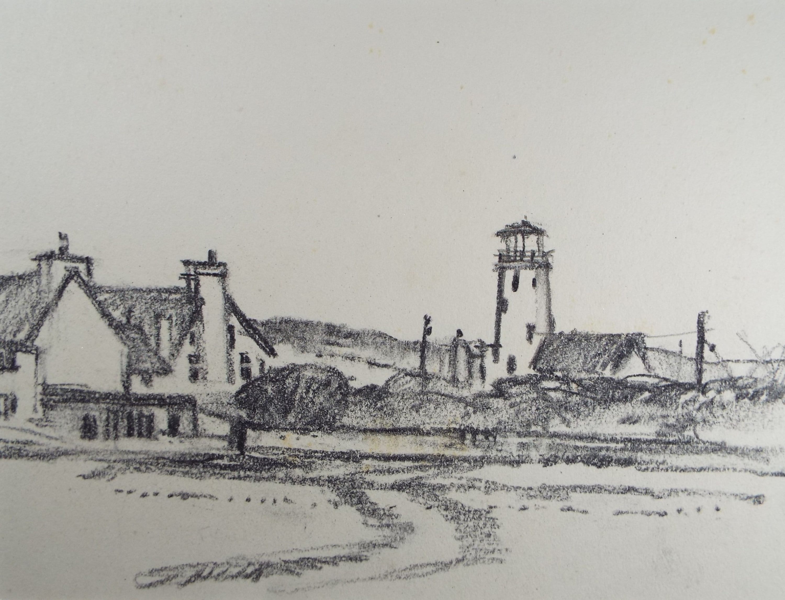 Original Charcoal & Pencil Drawing 'Cottages with Lighthouse', c1990's, Norman James Battershill (1922-2010)