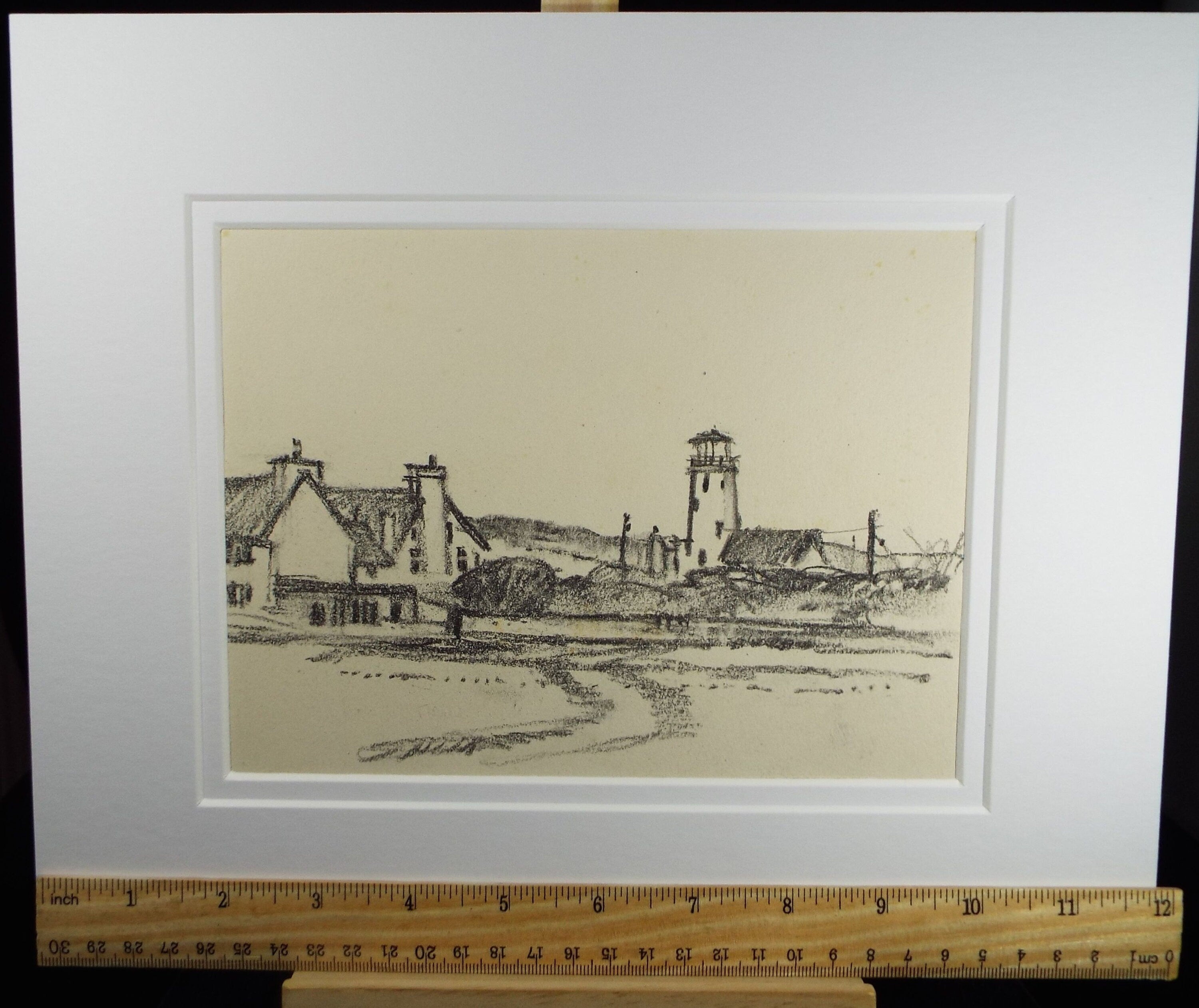 Original Charcoal & Pencil Drawing 'Cottages with Lighthouse', c1990's, Norman James Battershill (1922-2010)