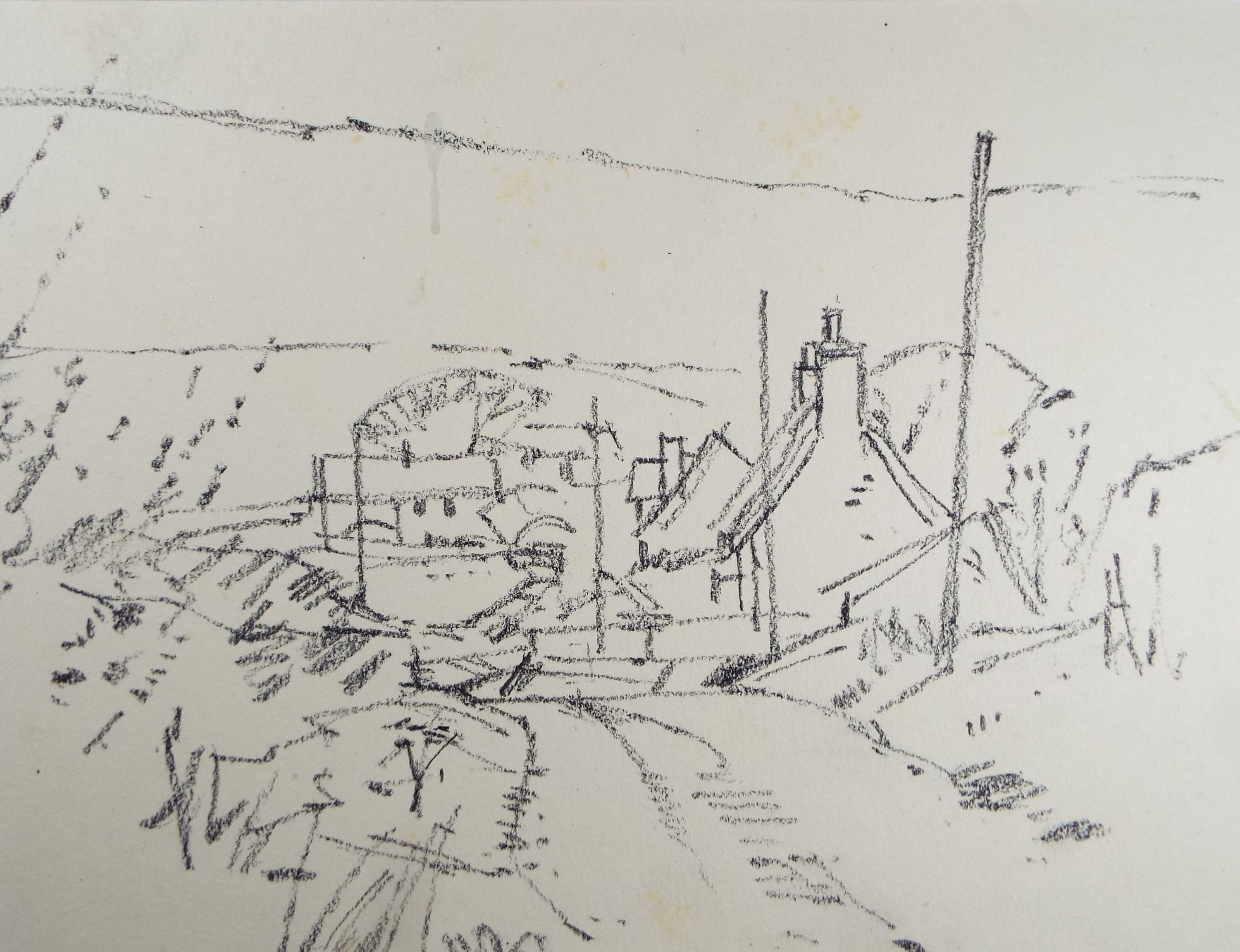 Original Charcoal & Pencil Drawing 'View of a Village'', c1990's, Norman James Battershill (1922-2010)