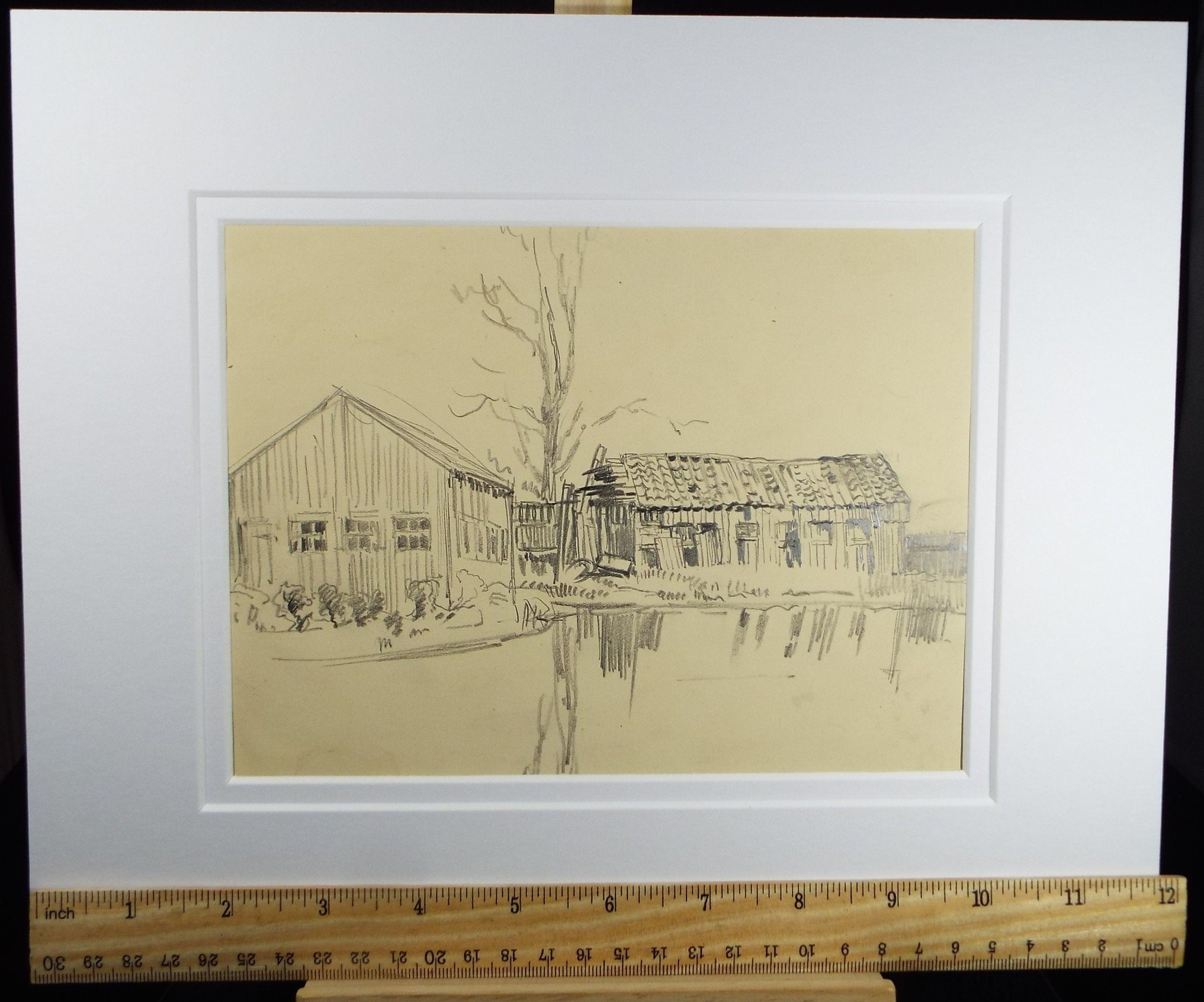 Original Pencil Drawing,  'A Farmstead' , c1920's, Nan C. Livingstone (1876-1952)