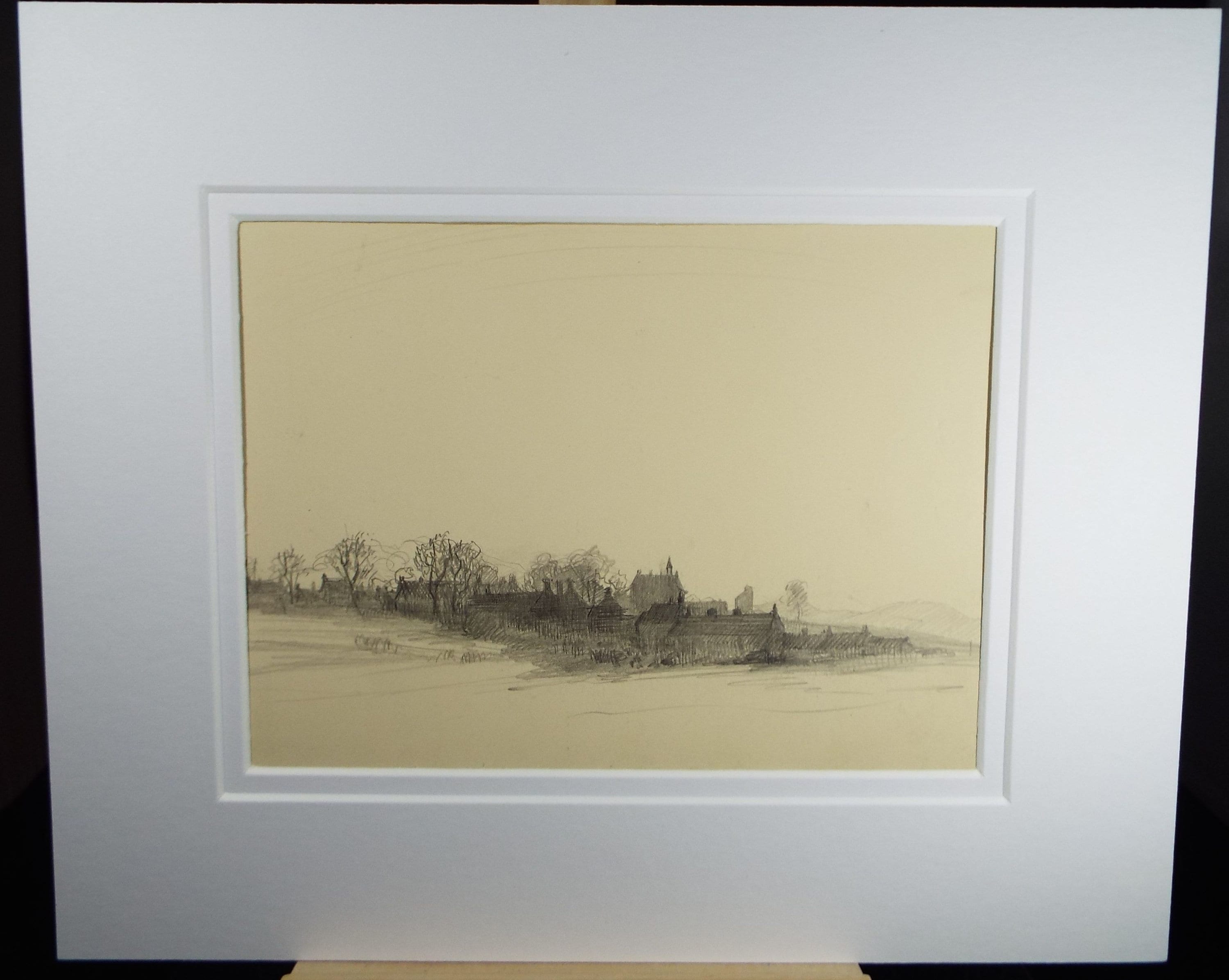 Original Pencil Drawing, 'A Distant Village', Circa 1920's, Nan C. Livingstone (1876-1952)