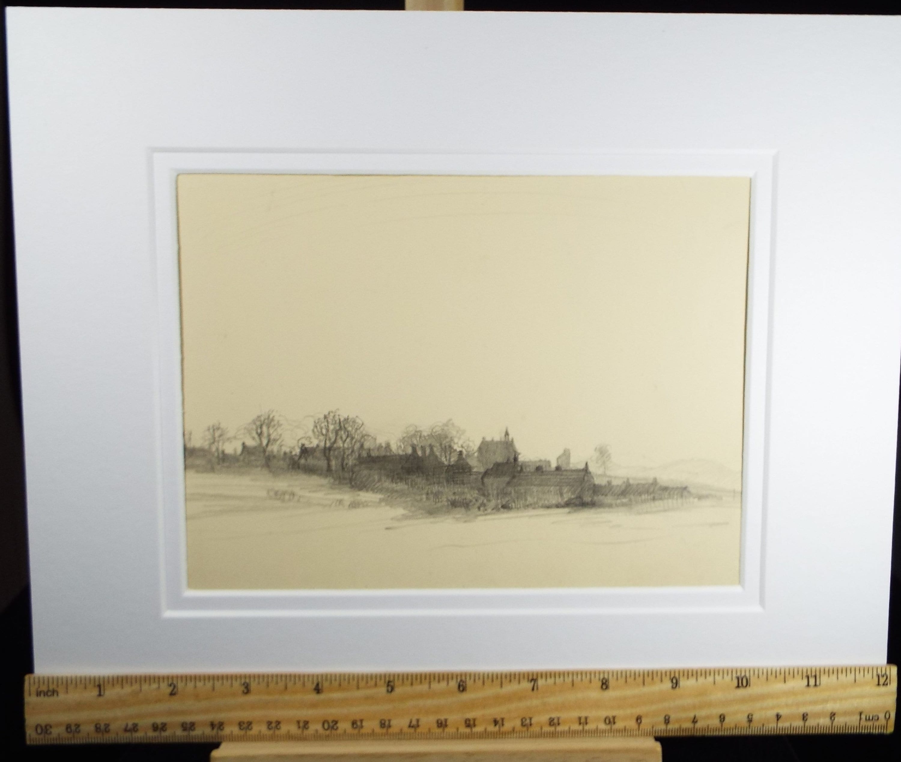 Original Pencil Drawing, 'A Distant Village', Circa 1920's, Nan C. Livingstone (1876-1952)