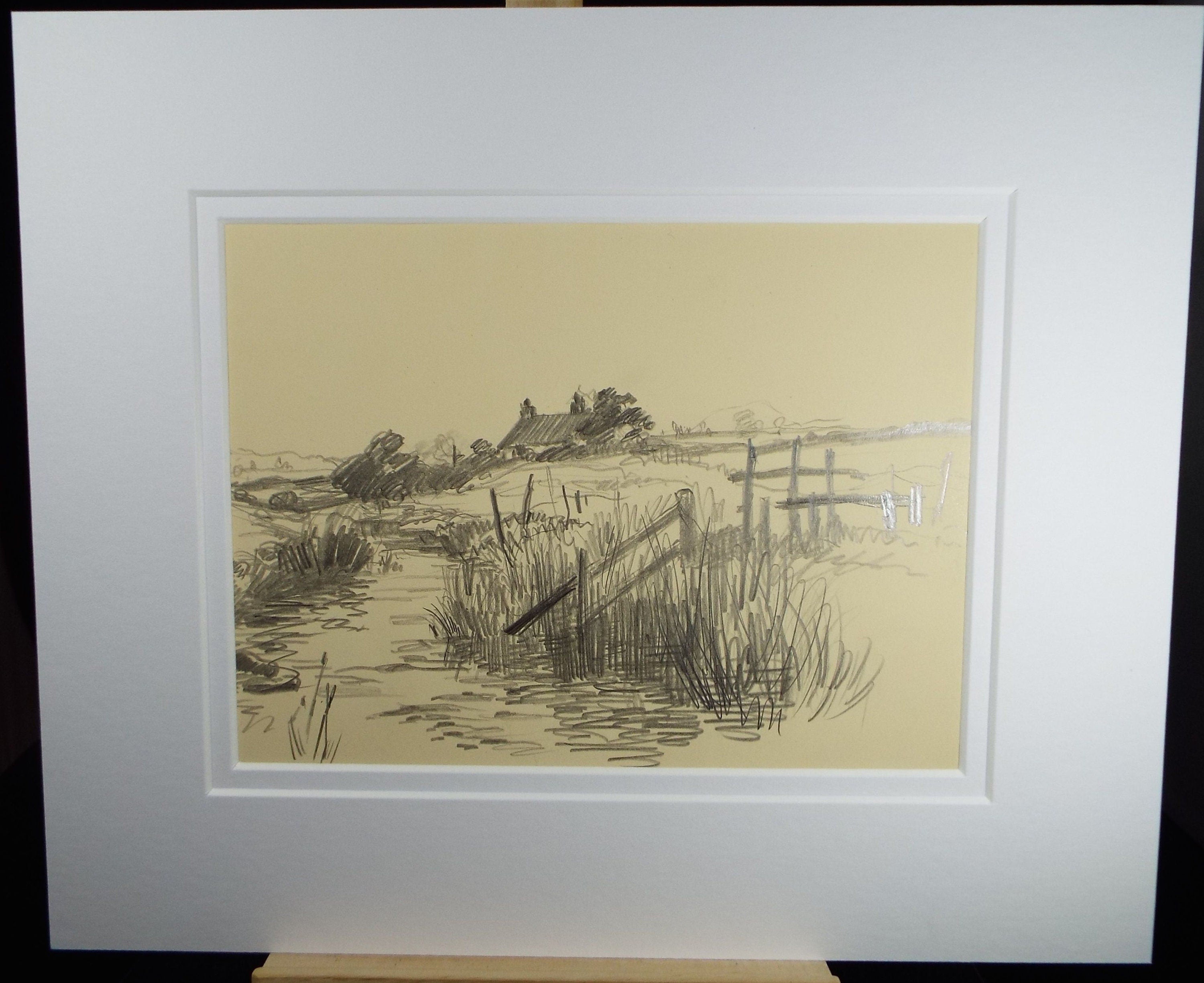 Original Pencil Drawing, 'Farmstead by a River', Dated 1928,  Nan C. Livingstone (1876-1952)