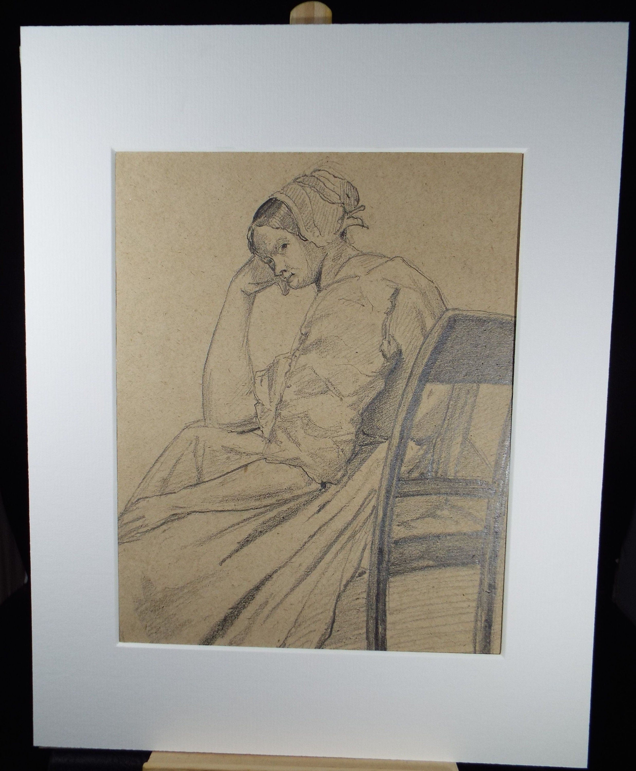 Original Pencil Drawing, 'Portrait of a seated woman', Circa 1883, Artist Unknown