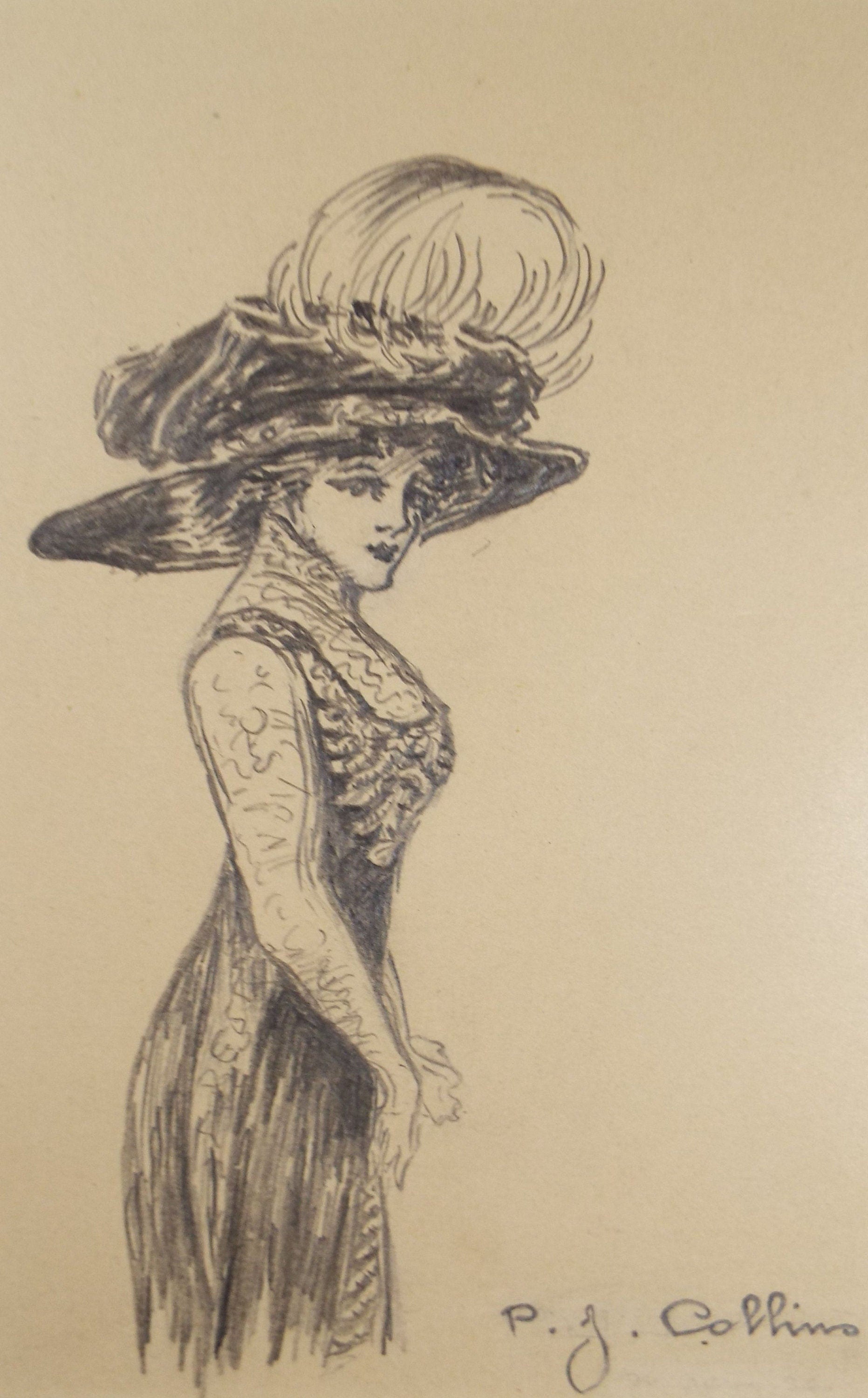 Original Pencil Drawing, 'Elegant Female figure', Circa 1910, Artist Unknown