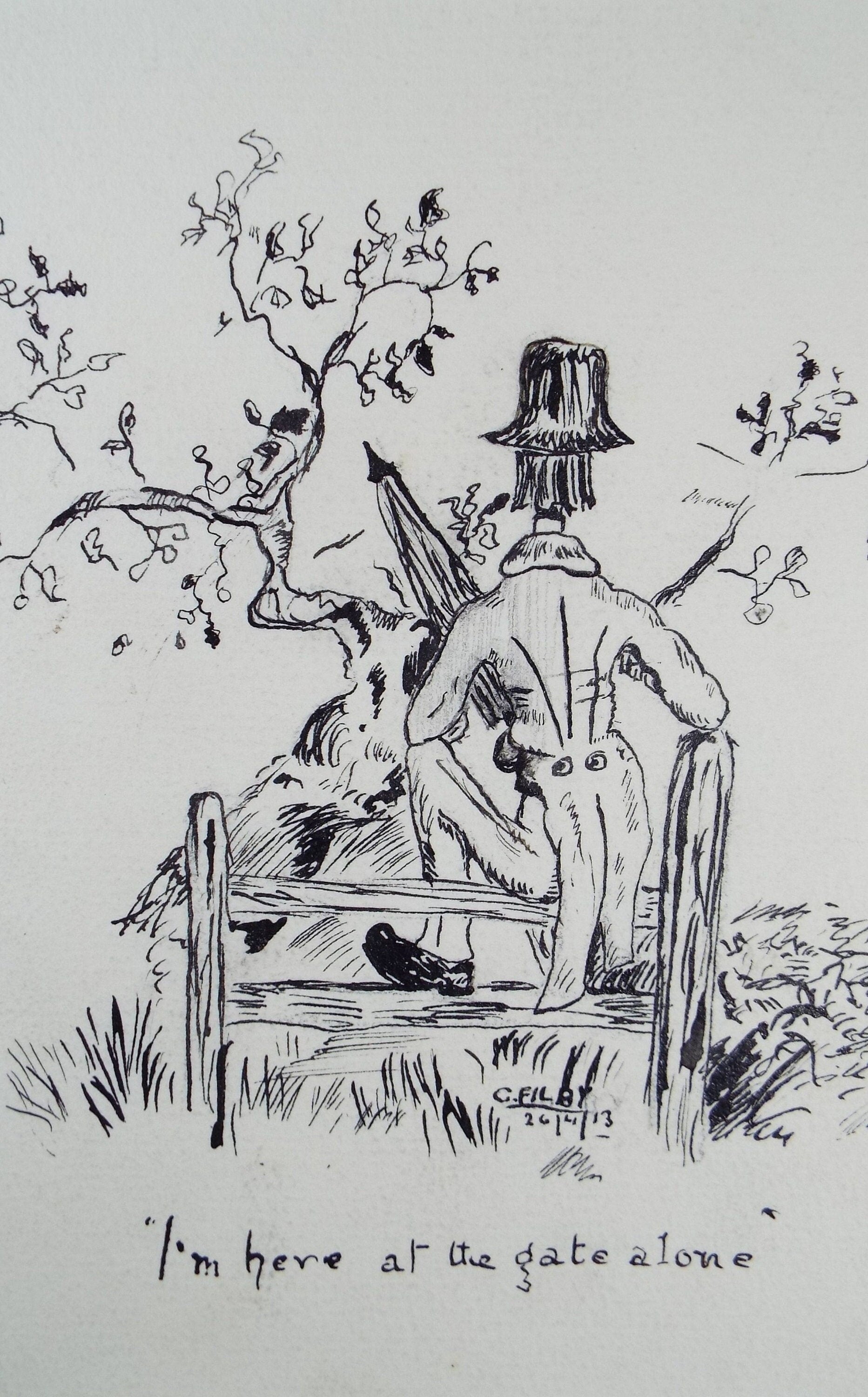 Original Pen & Ink Drawing , 'I'm here at the Gate alone', Dated 1913, C Filby