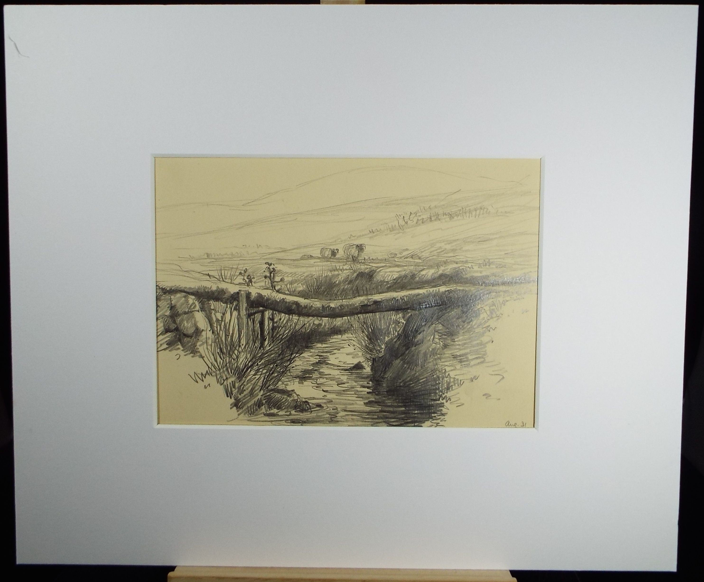 Original Pencil Drawing, 'Sheep by a Brook', Circa 1920's, Nan C. Livingstone (1876-1952)