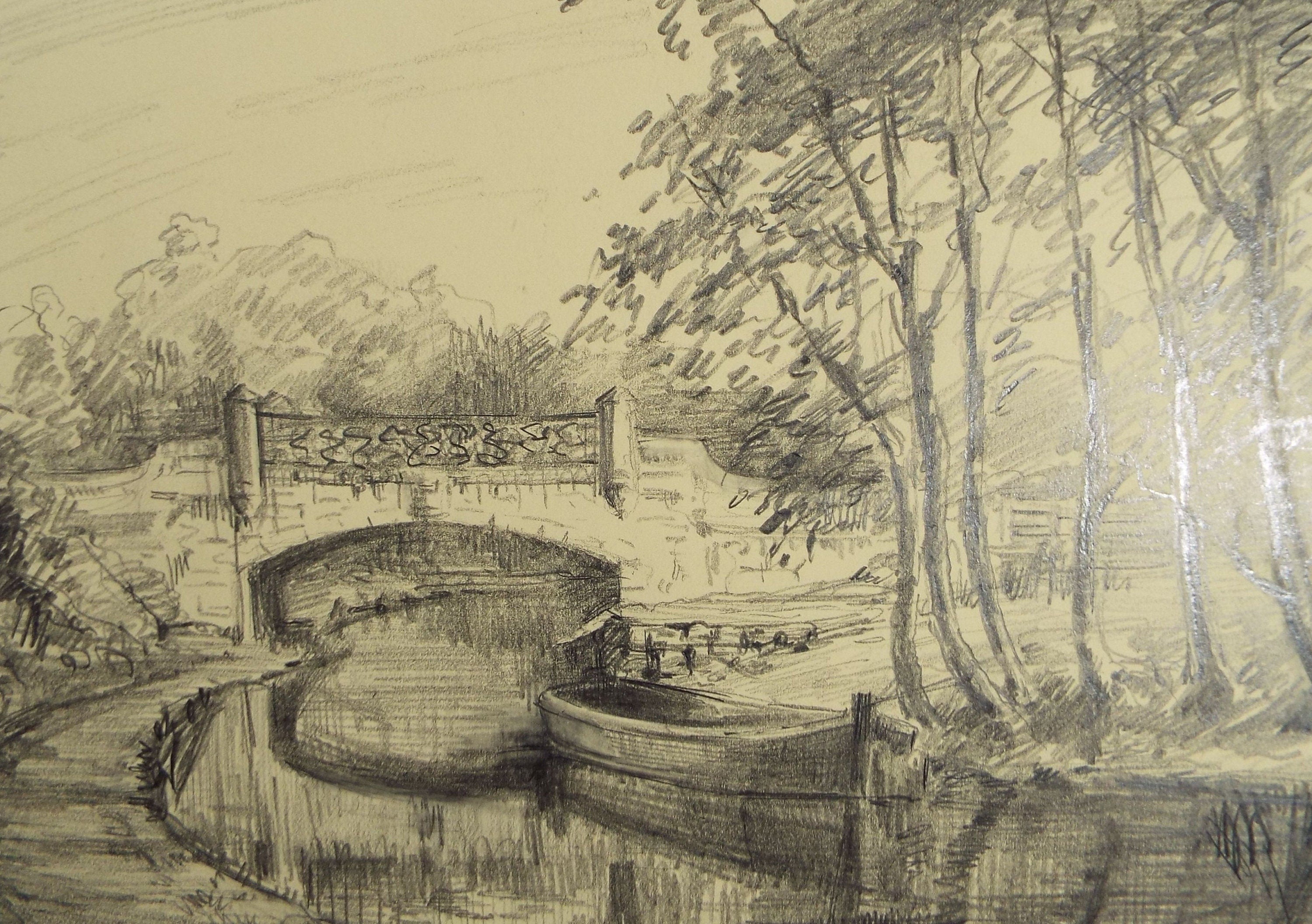 Original Pencil Drawing, 'Bridge over the Canal', Circa 1920's, Nan C. Livingstone (1876-1952)