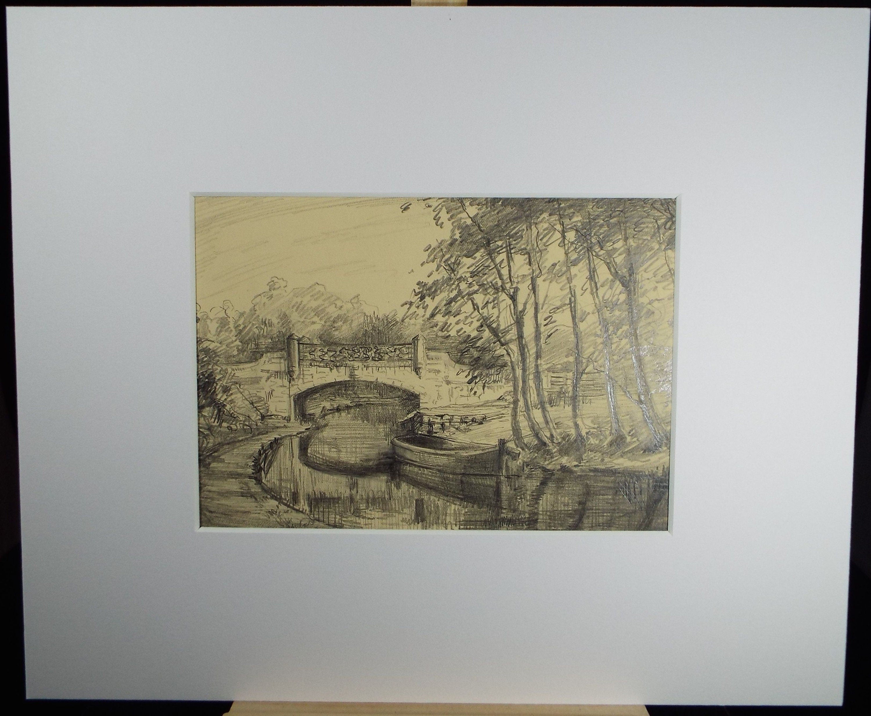 Original Pencil Drawing, 'Bridge over the Canal', Circa 1920's, Nan C. Livingstone (1876-1952)