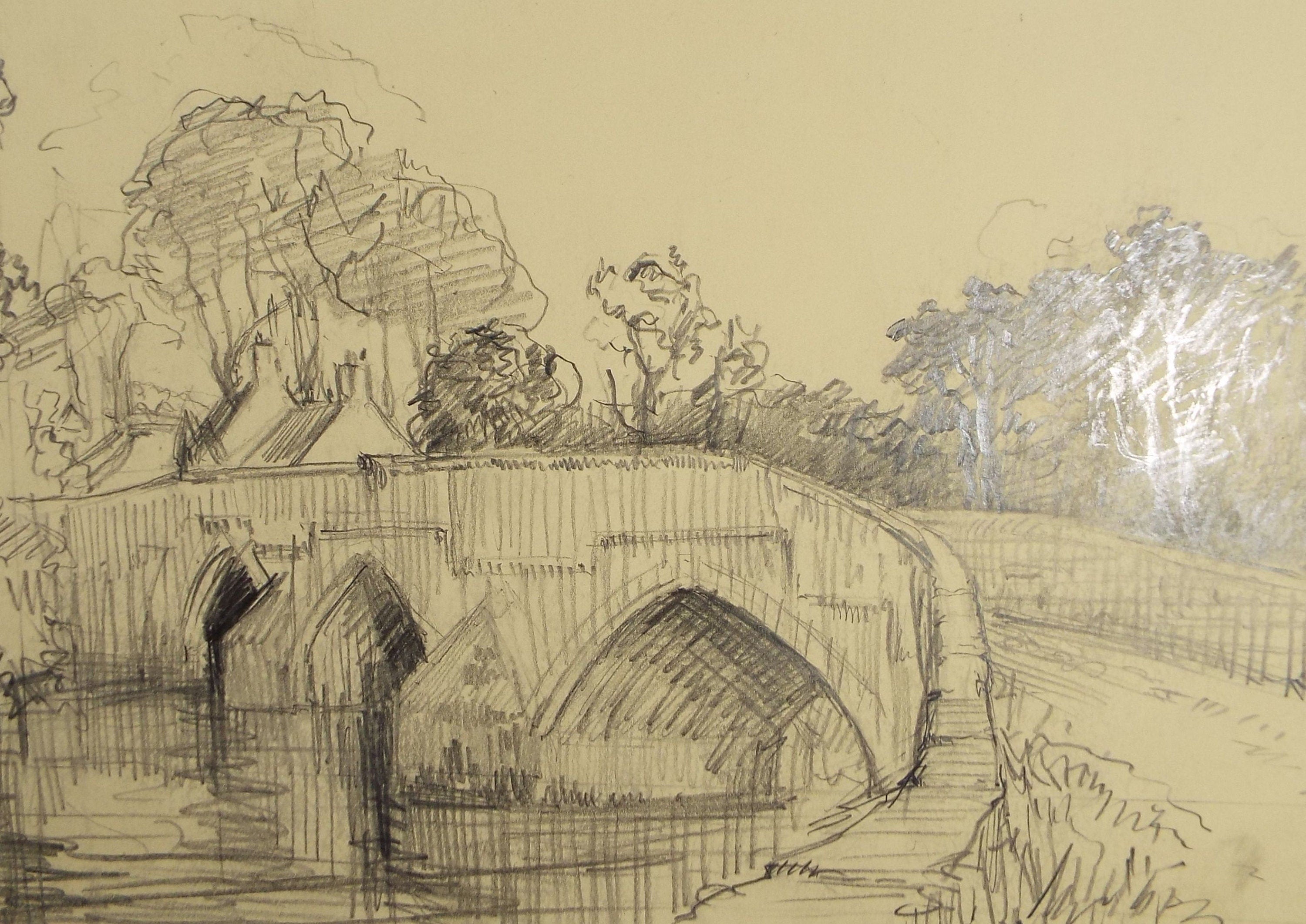 Original Pencil Drawing, 'Bridge over the River', Circa 1920's, Nan C. Livingstone (1876-1952)