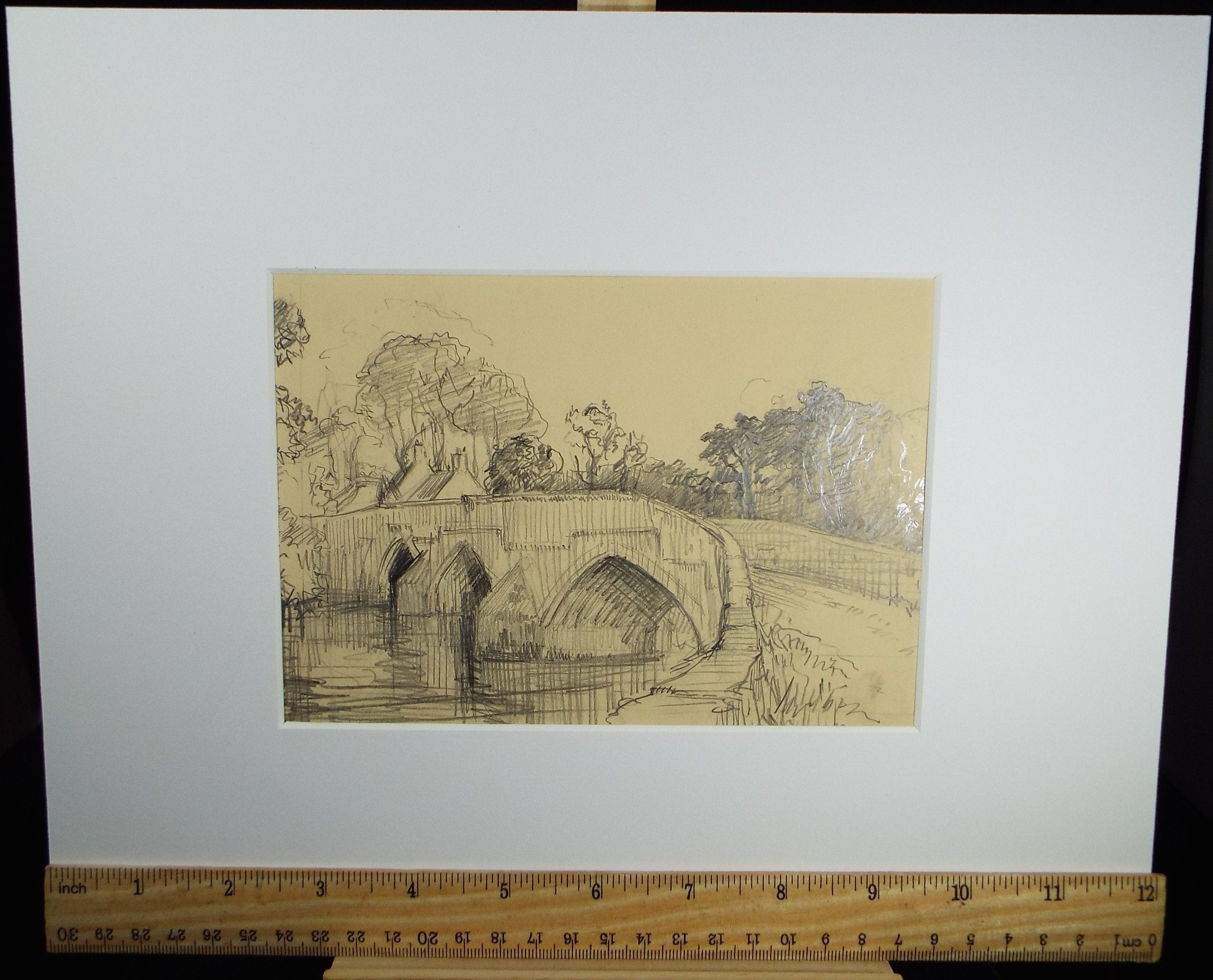 Original Pencil Drawing, 'Bridge over the River', Circa 1920's, Nan C. Livingstone (1876-1952)