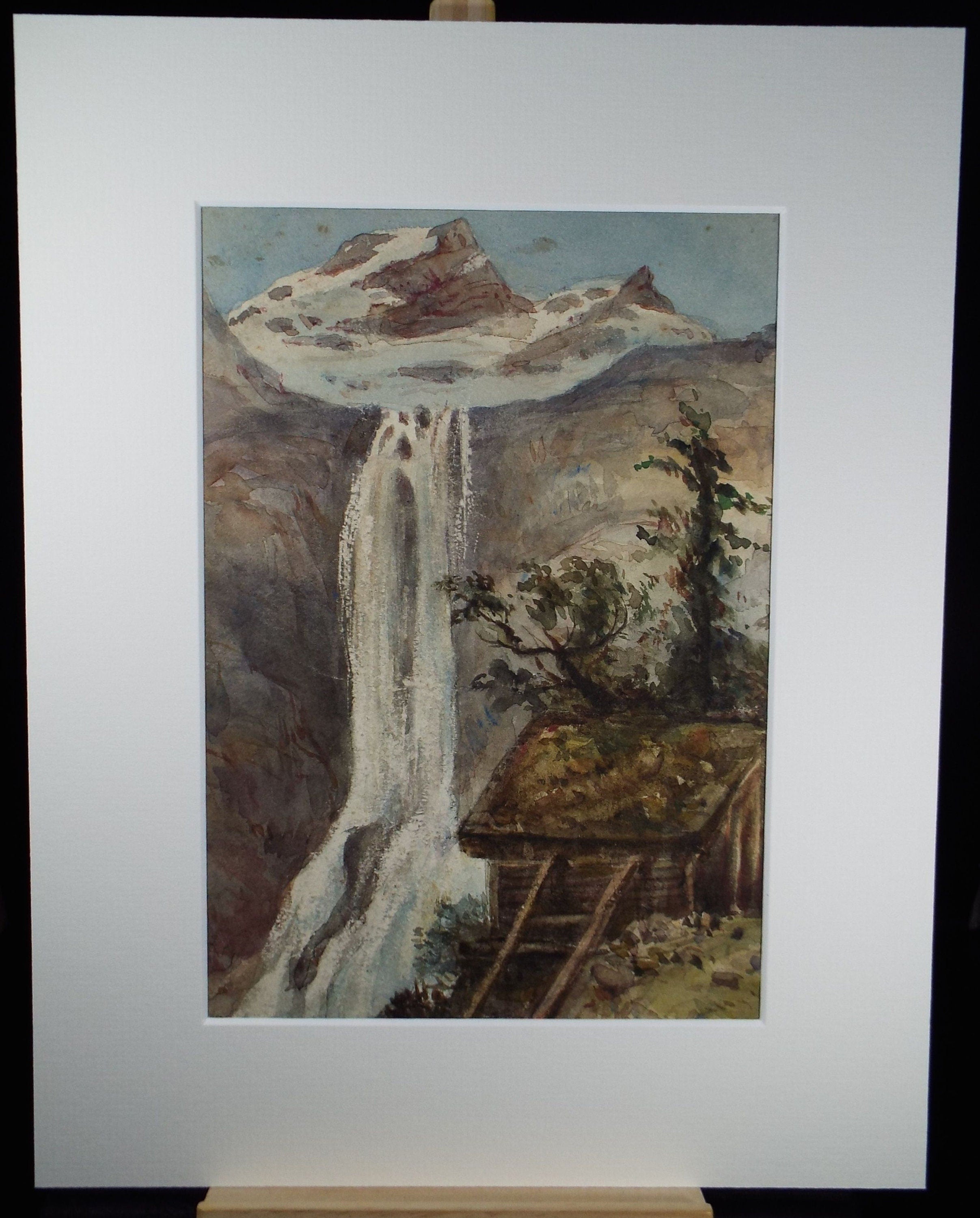 Original Watercolour, 'Alpine Waterfall' Late 19th Century, Artist Unknown