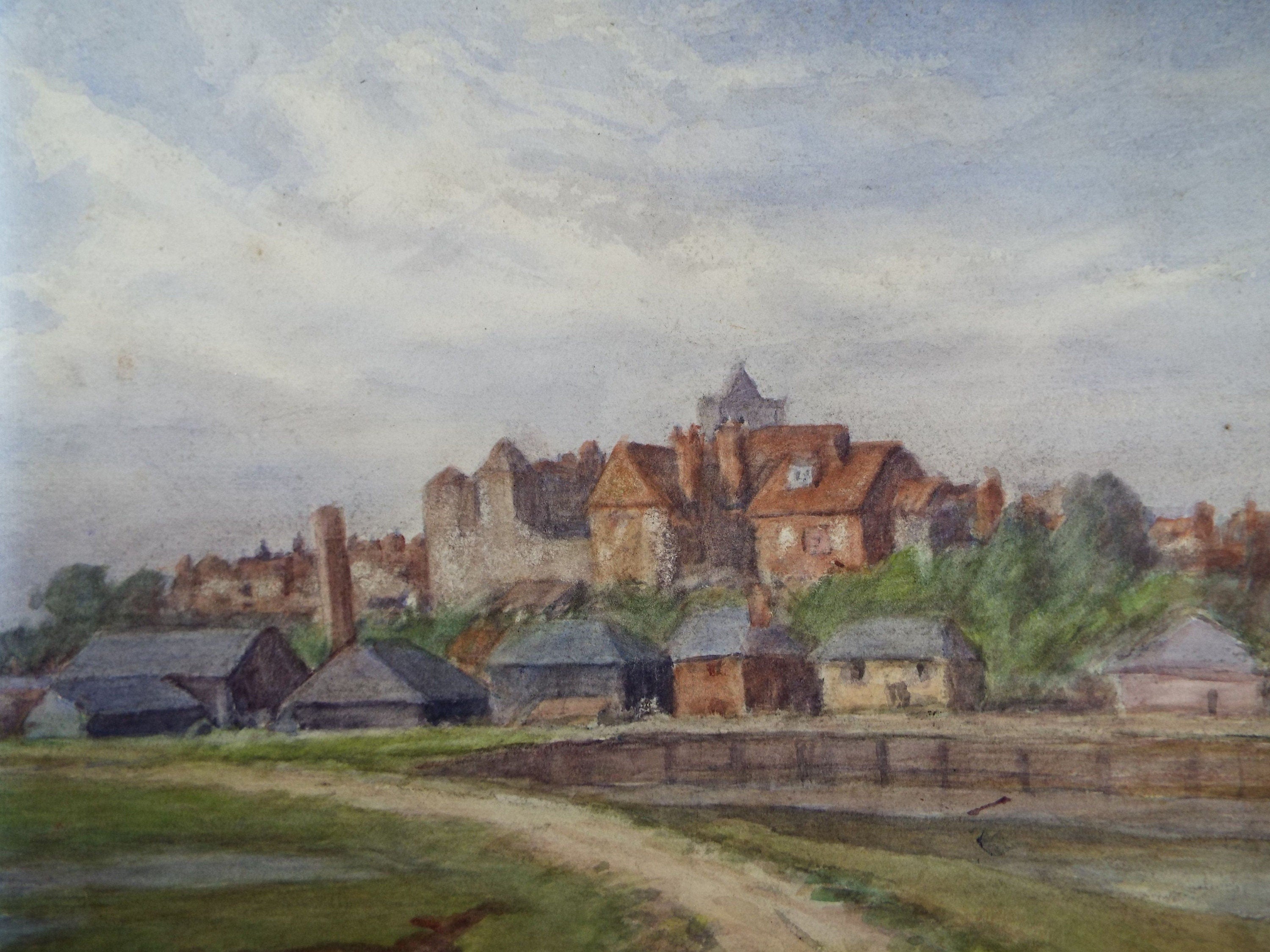 Original Watercolour on Paper, 'Riverside Town ', Circa 1930's,  Artist Unknown