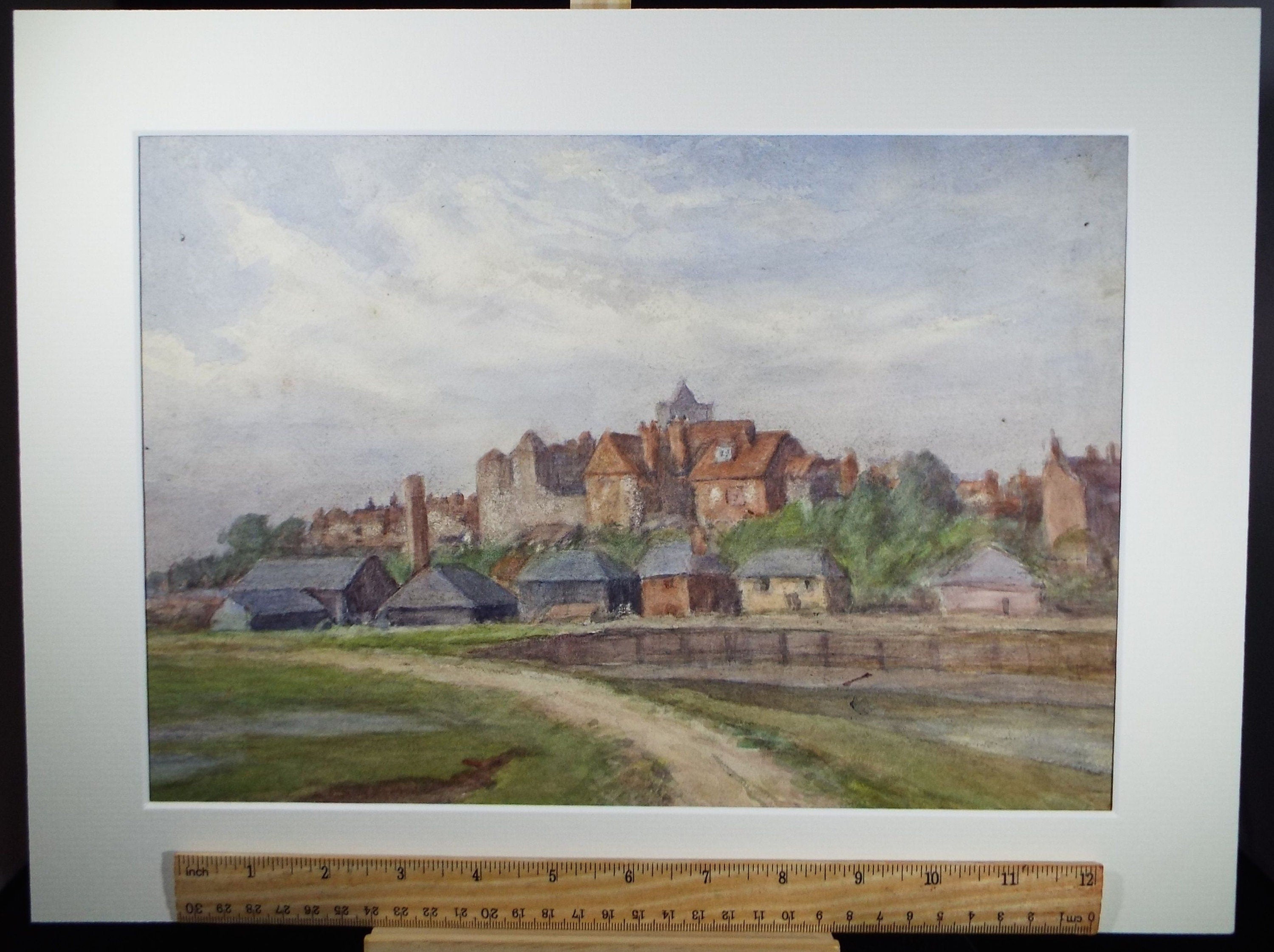 Original Watercolour on Paper, 'Riverside Town ', Circa 1930's,  Artist Unknown