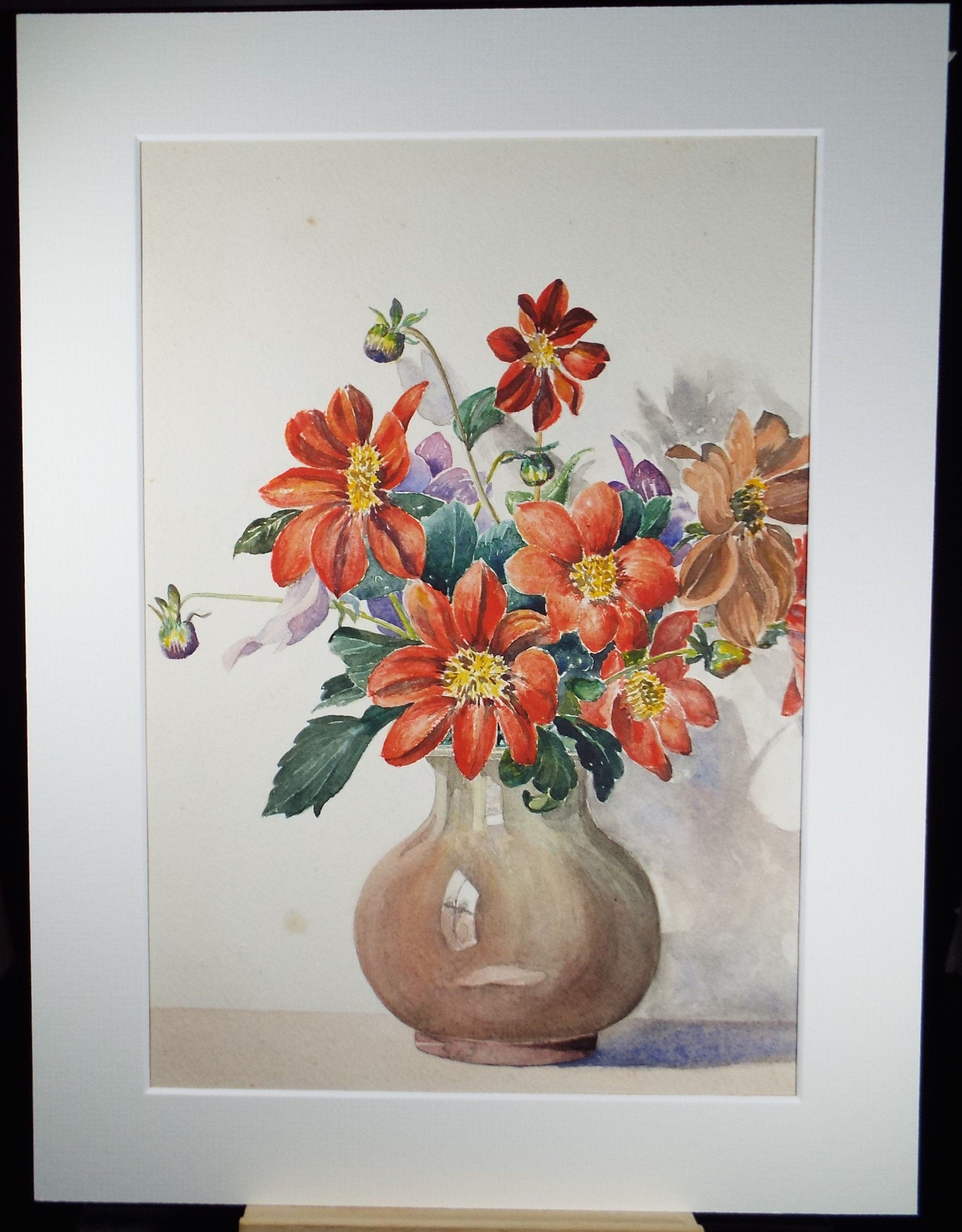 Original Watercolour, 'Still Life of Dahlias', Circa 1930's, Indistinctly Signed