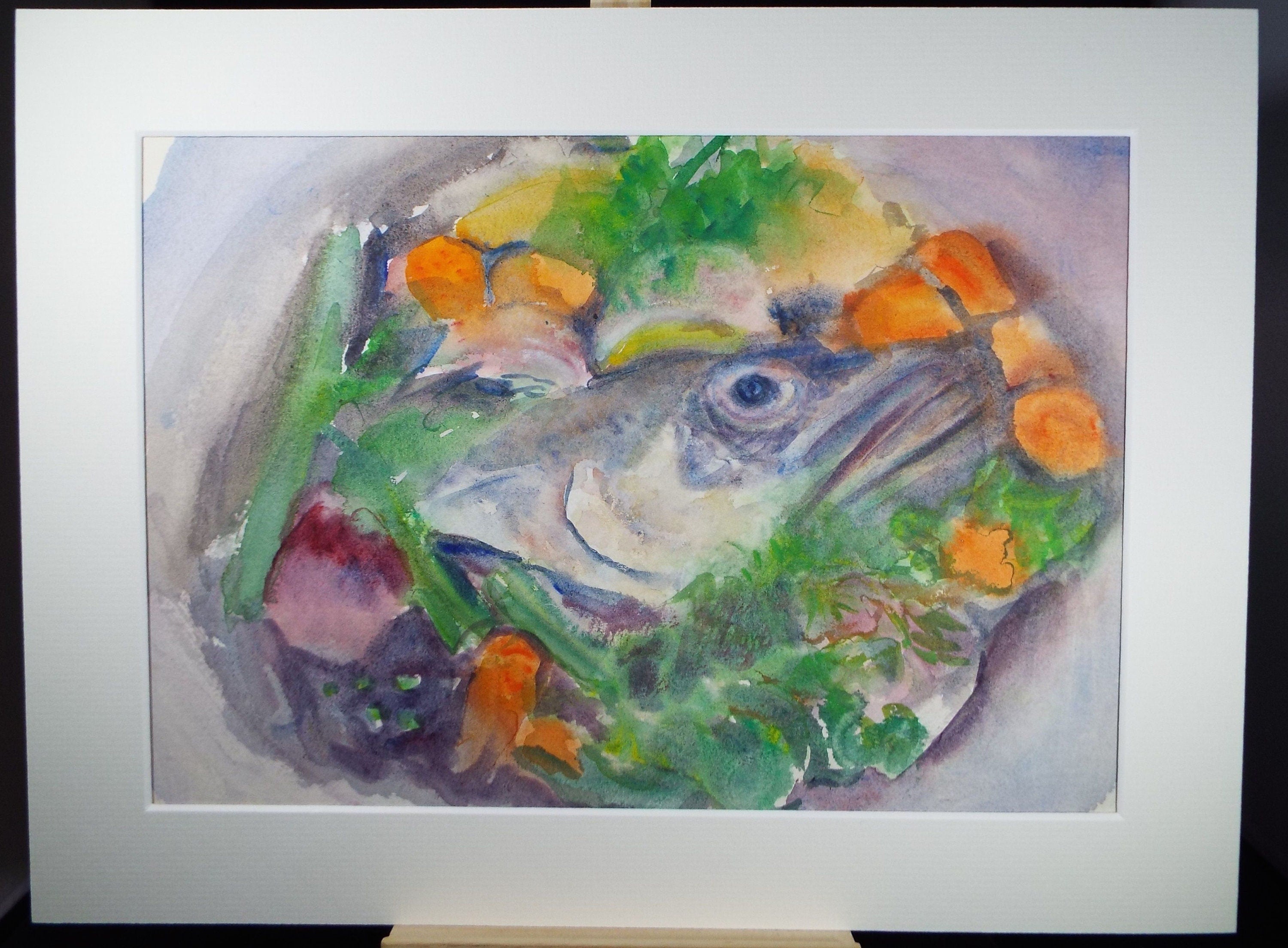 Original Watercolour & Gouache, 'Cod head on a Platter' 1990's, Dorothy Litherland, (20th Century British)