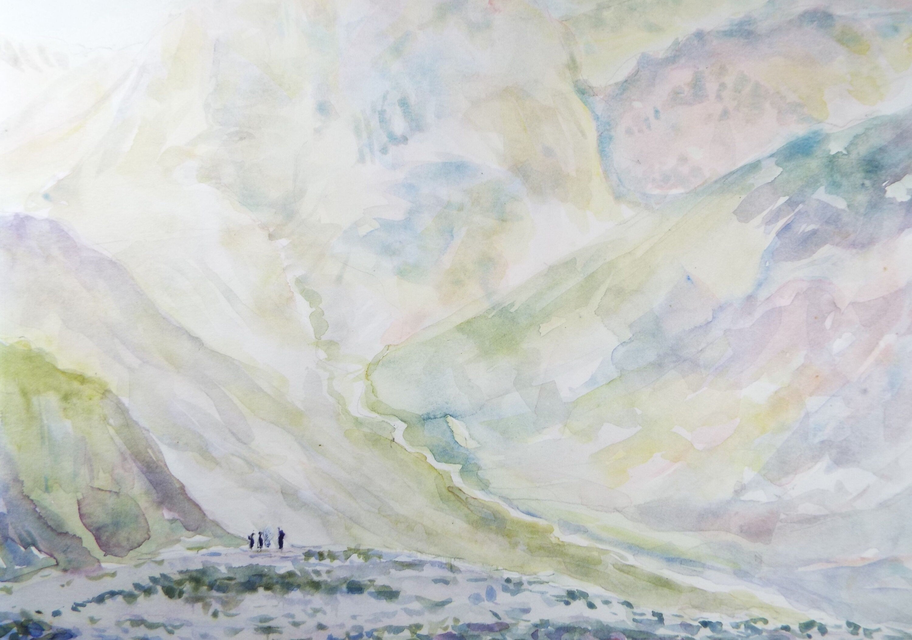 Original Watercolour, 'Figures on a Mountain Pass', 1990's, Dorothy Litherland (20th Century British)