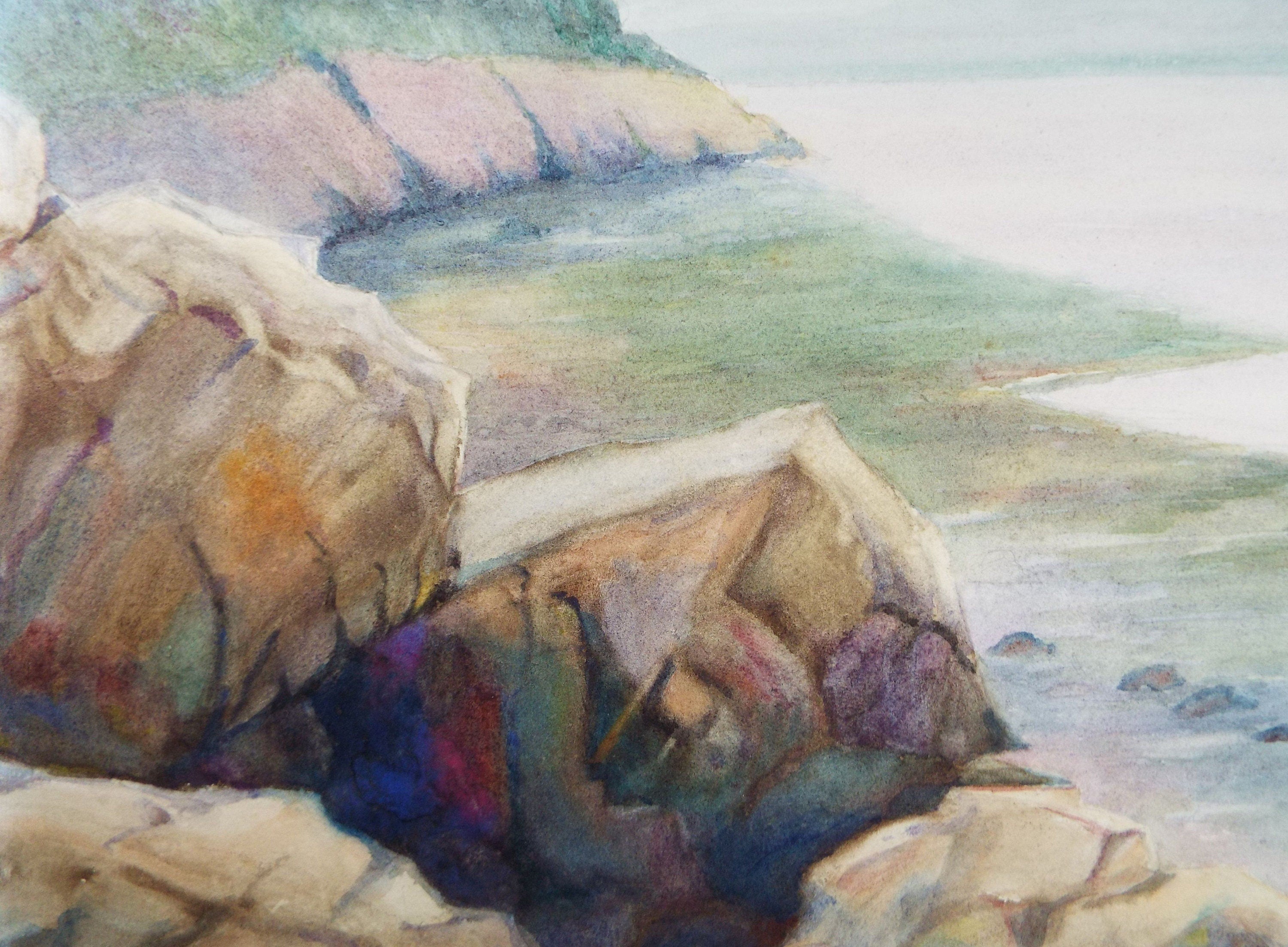 Original Charcoal & Watercolour, 'A Rocky Shore', Circa 1930's , Frank Harold Read FRPS (1881-1960)