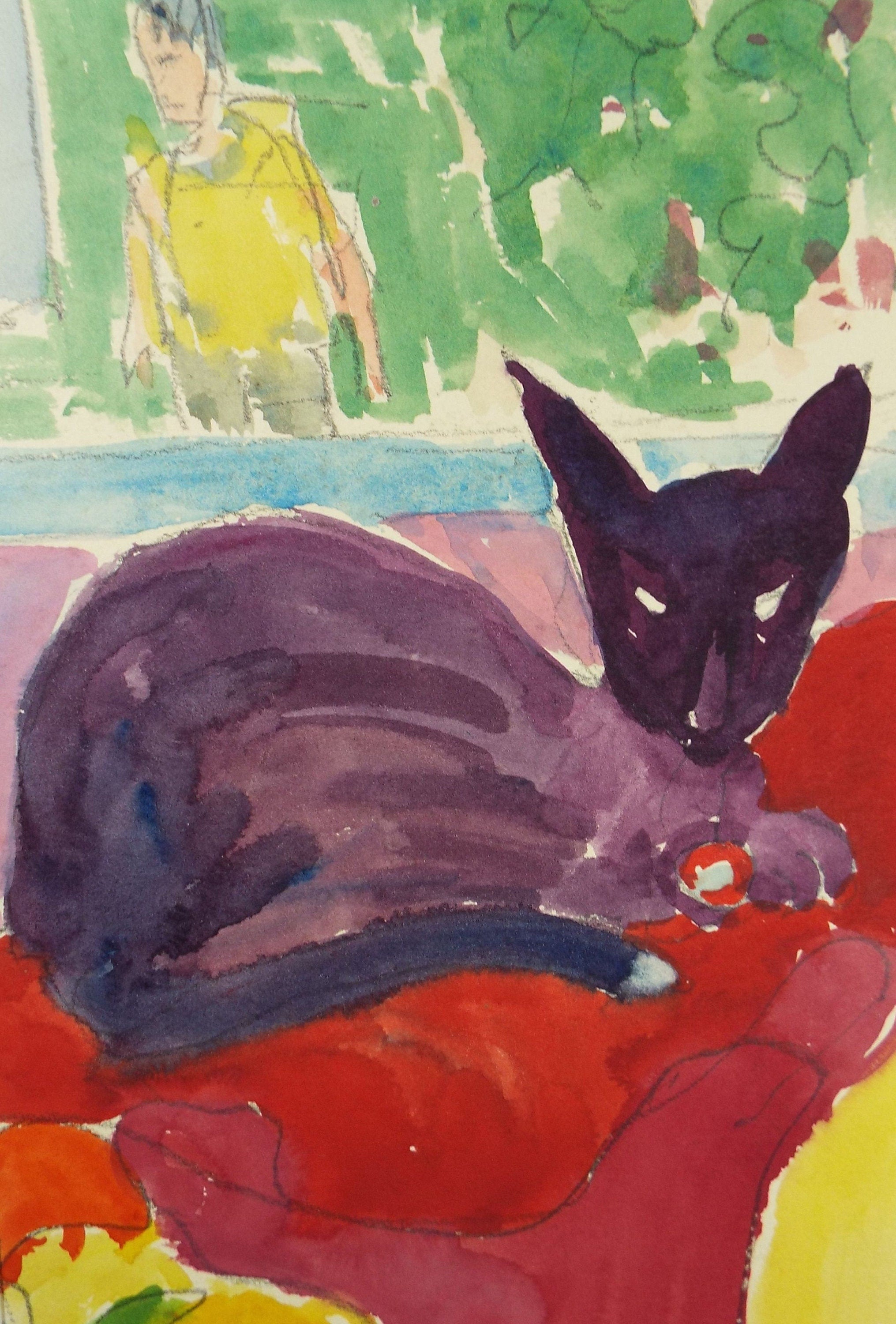 Barbara Karn (b1949) Original watercolour ,'Study of a cat - at rest or with a cold', Circa 2002, Signed & inscribed below the mount