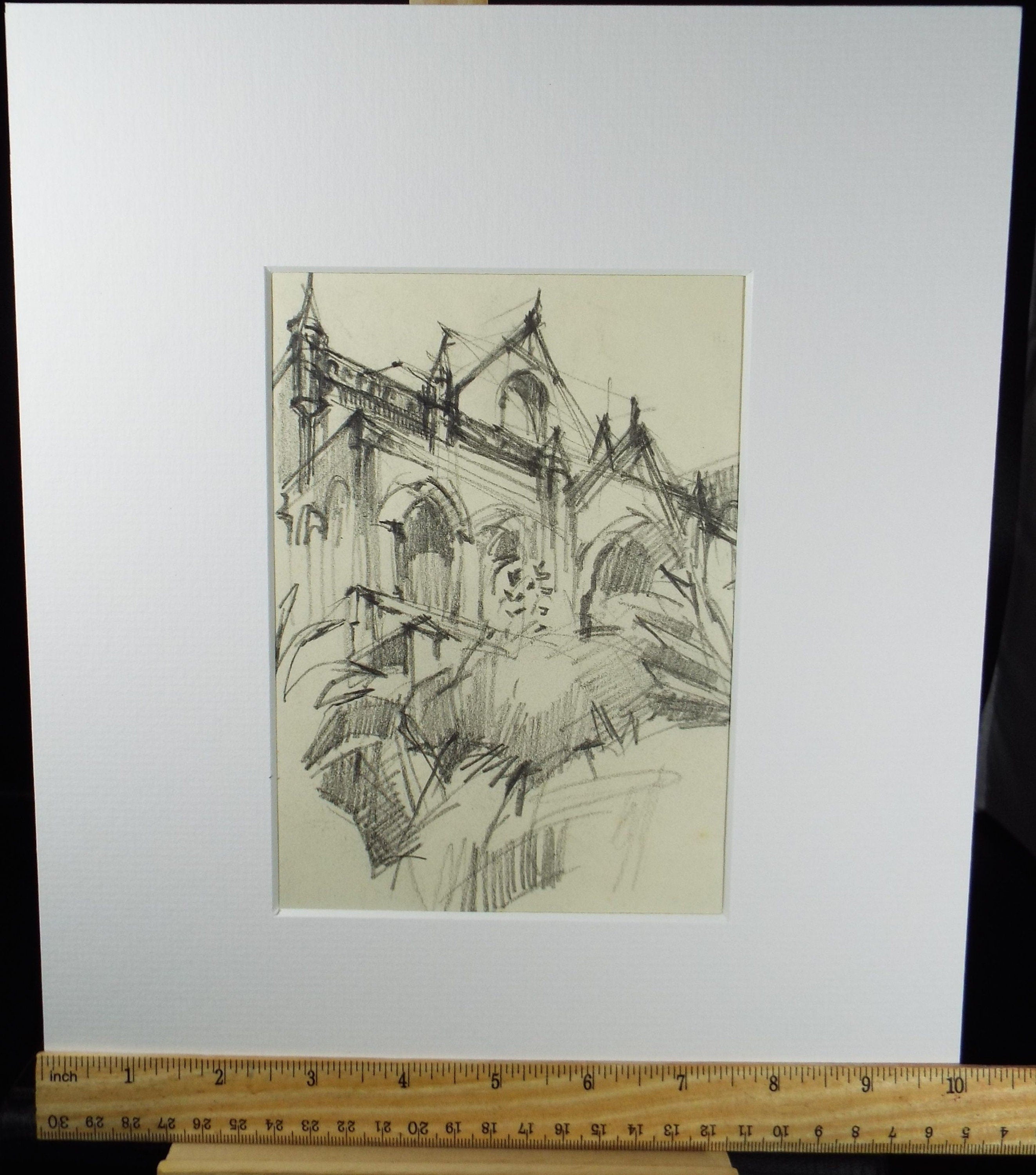 Original Pencil  Drawing, 'Abbey Study' circa 1980's, Douglas Pittuck (1911-1993)