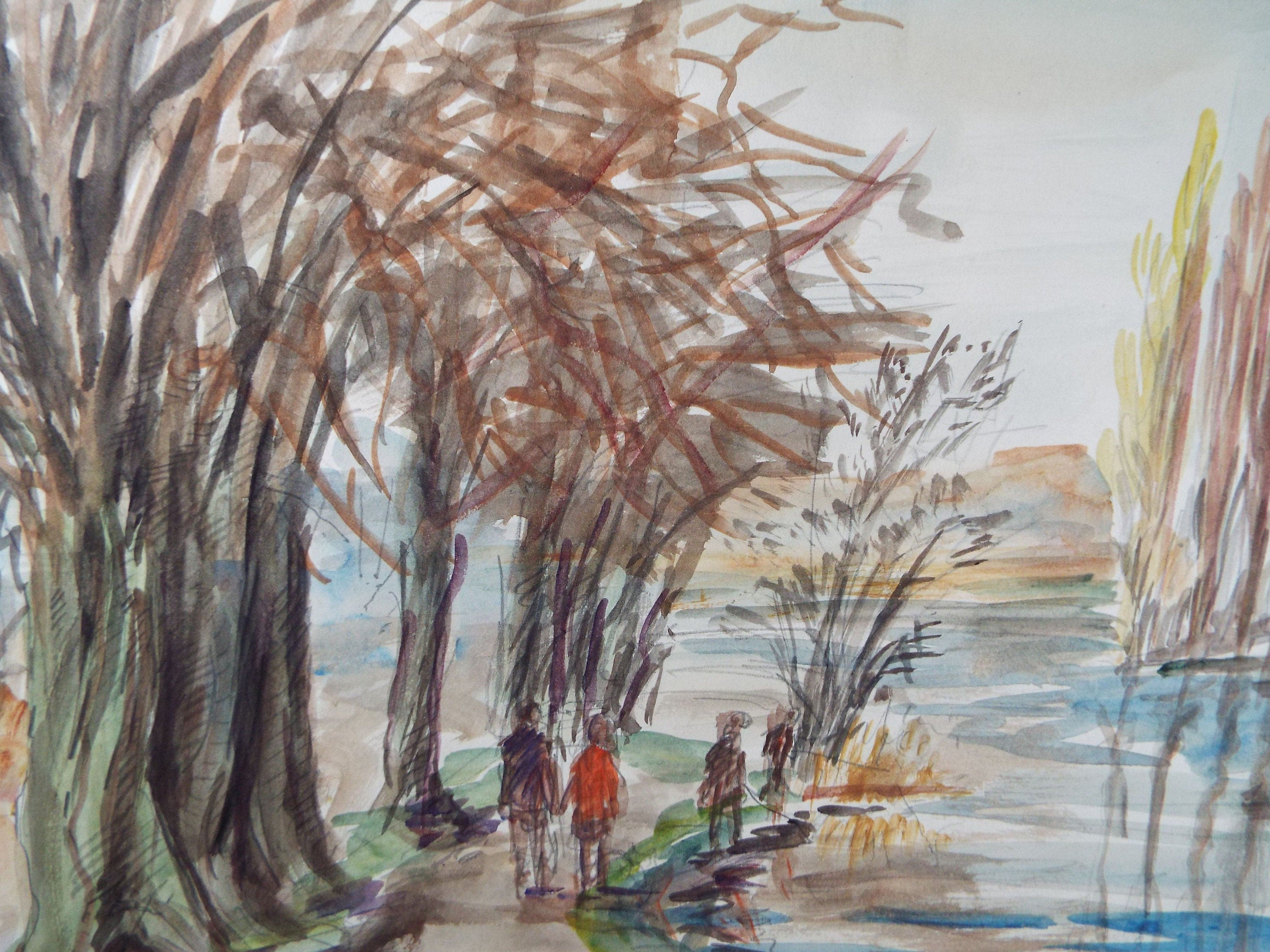 Original Watercolour, 'Riverside Walk' Circa 1960's, Signed Pooley