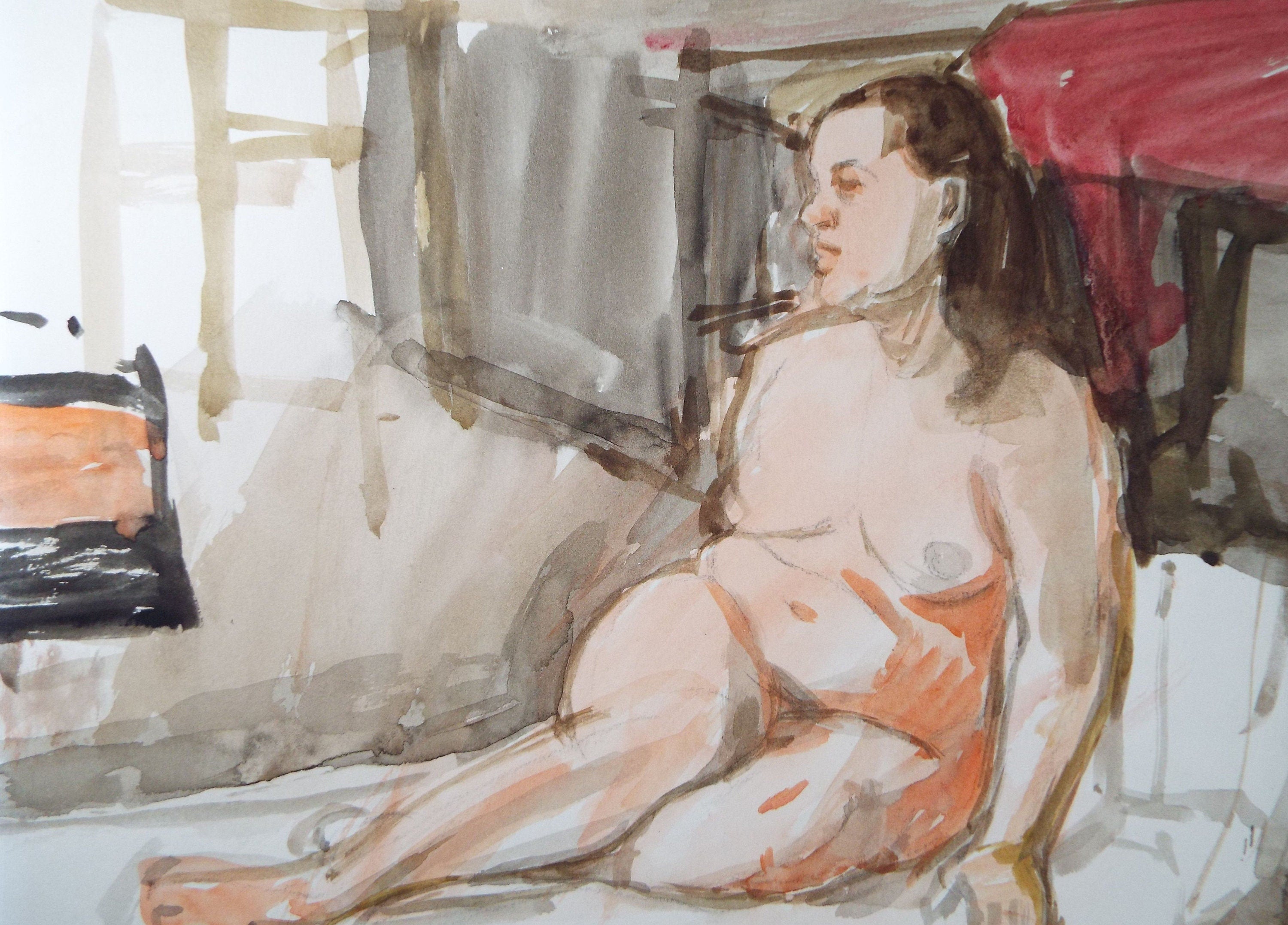 Original Pastel & Gouache ,'Seated Nude on a Bed', Circa 1960's , Signed Gentile