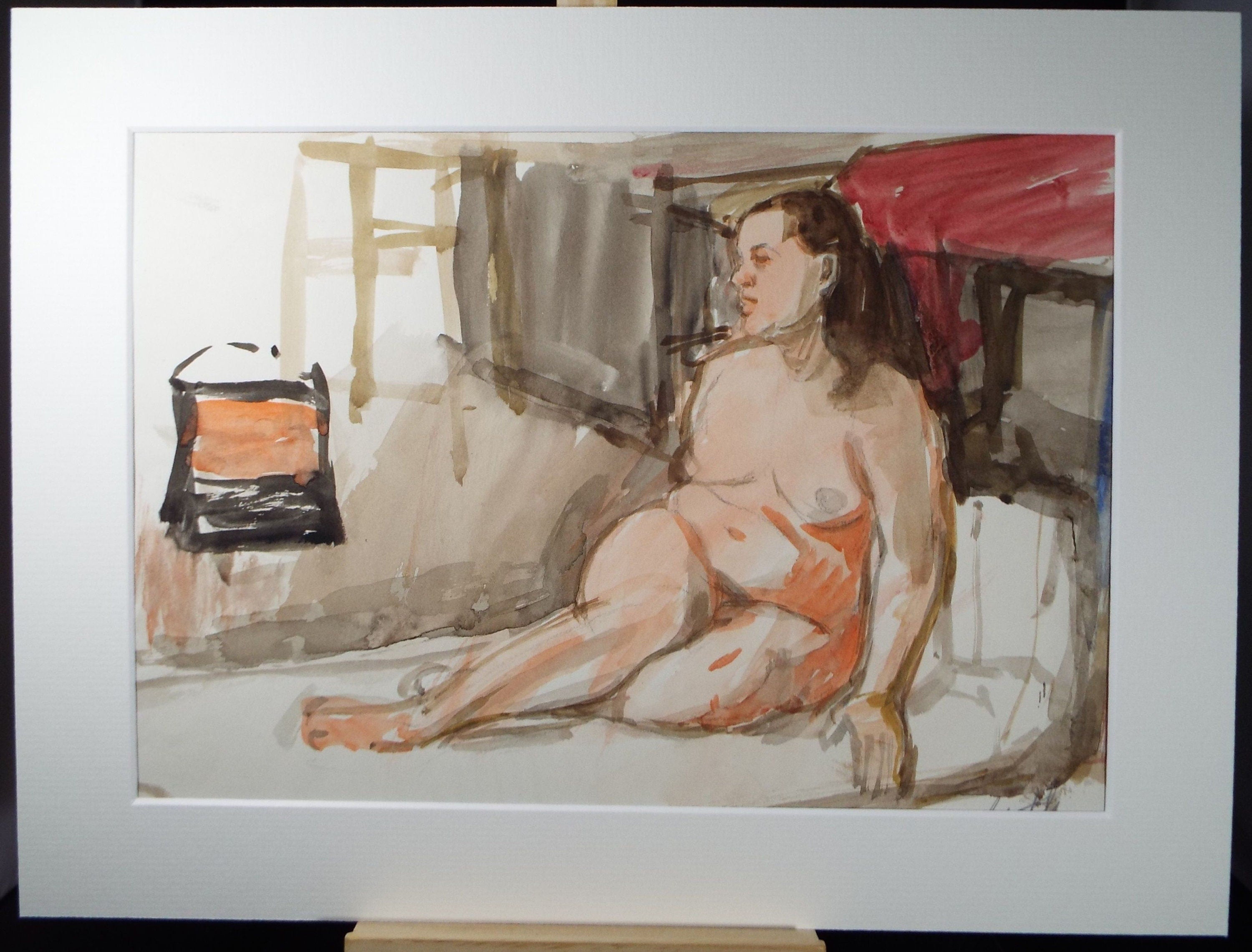 Original Pastel & Gouache ,'Seated Nude on a Bed', Circa 1960's , Signed Gentile